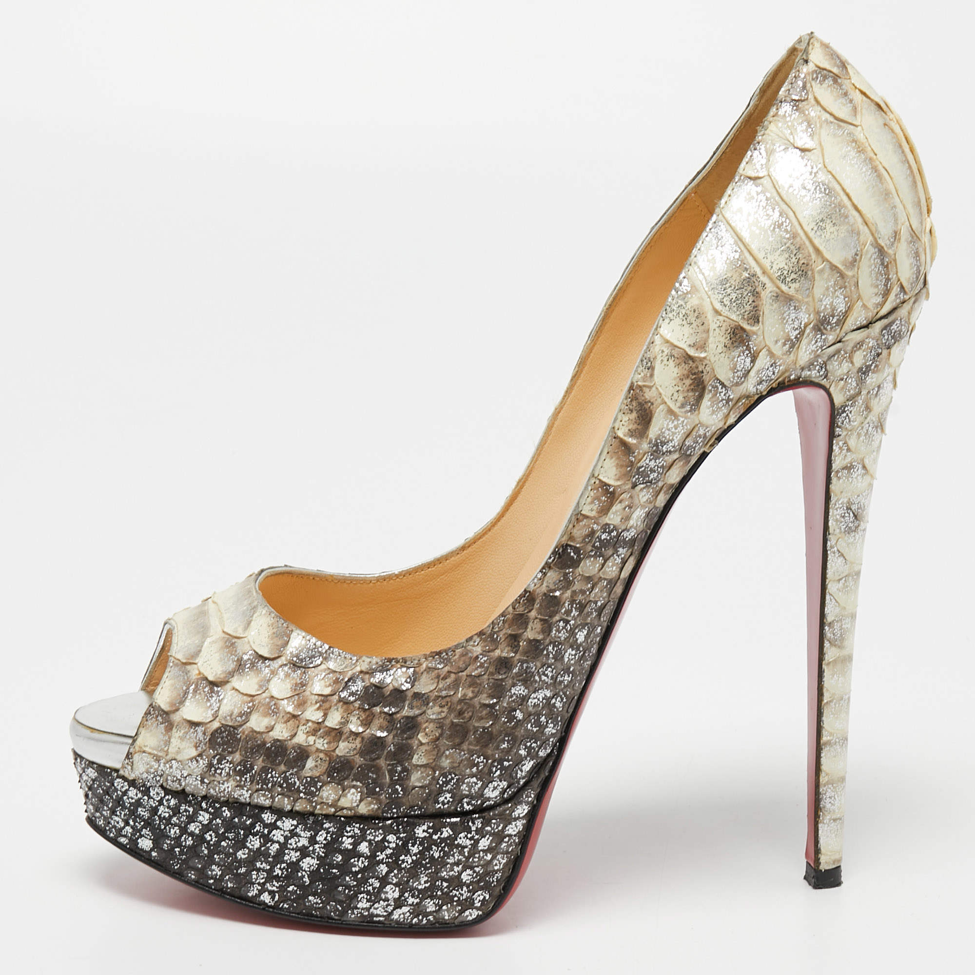 مملوكة مسبقًا Christian Louboutin Cream/Brown Python Leather Lady Peep Pumps Size 40