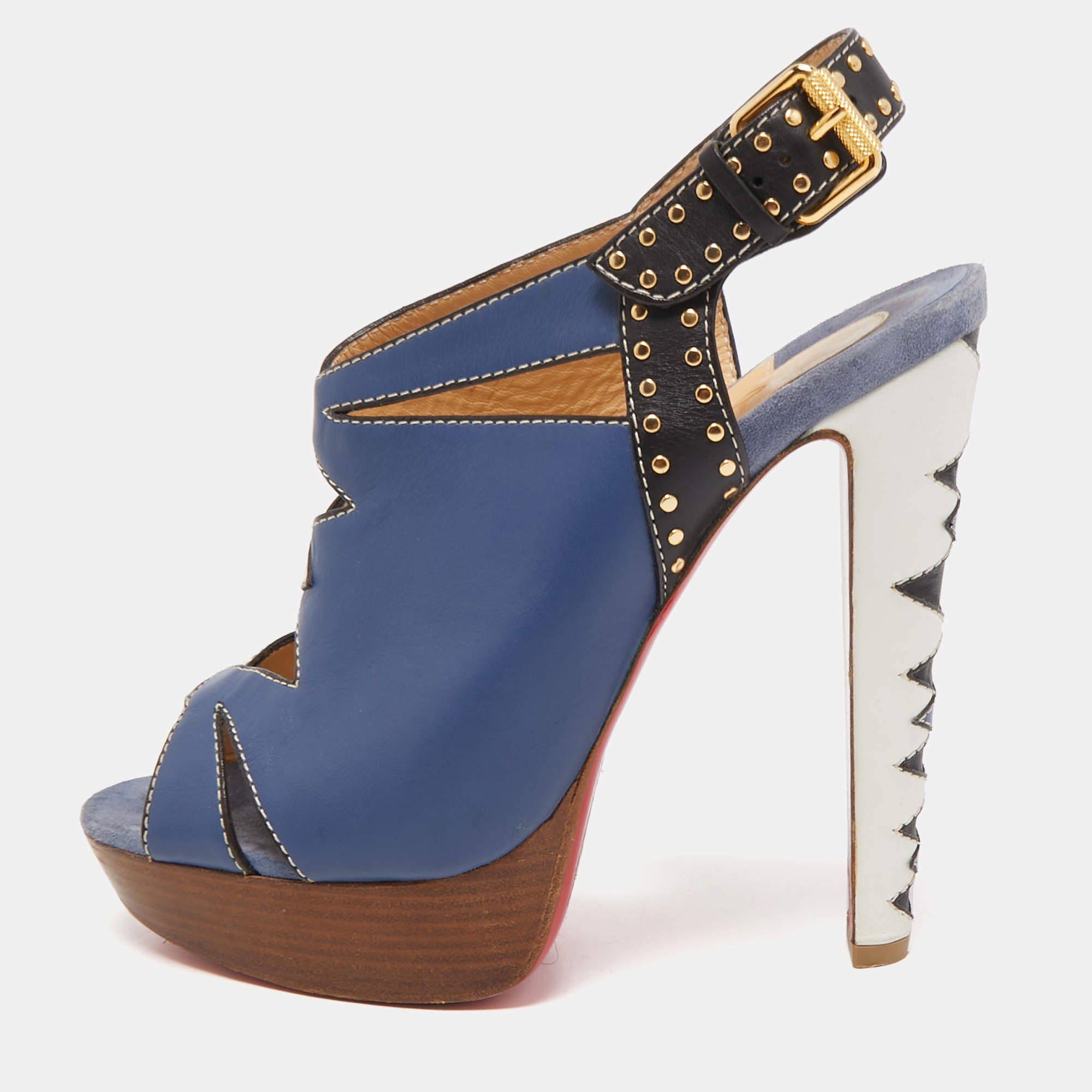 مملوكة مسبقًا Christian Louboutin Tricolor Cut Out Leather Studded Platform Slingback Sandals Size 40