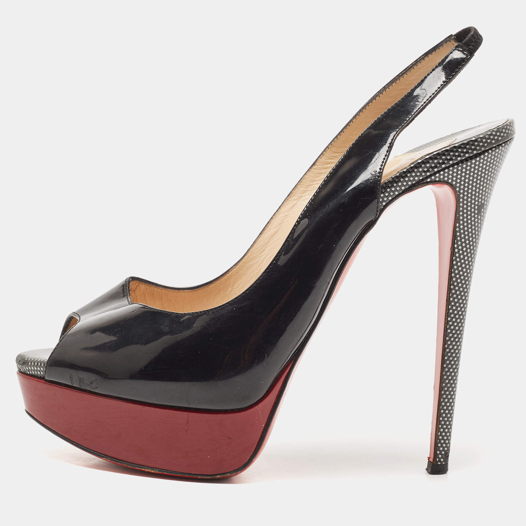 Christian Louboutin Lady Peep Toe Black Patent High Heels 39.5