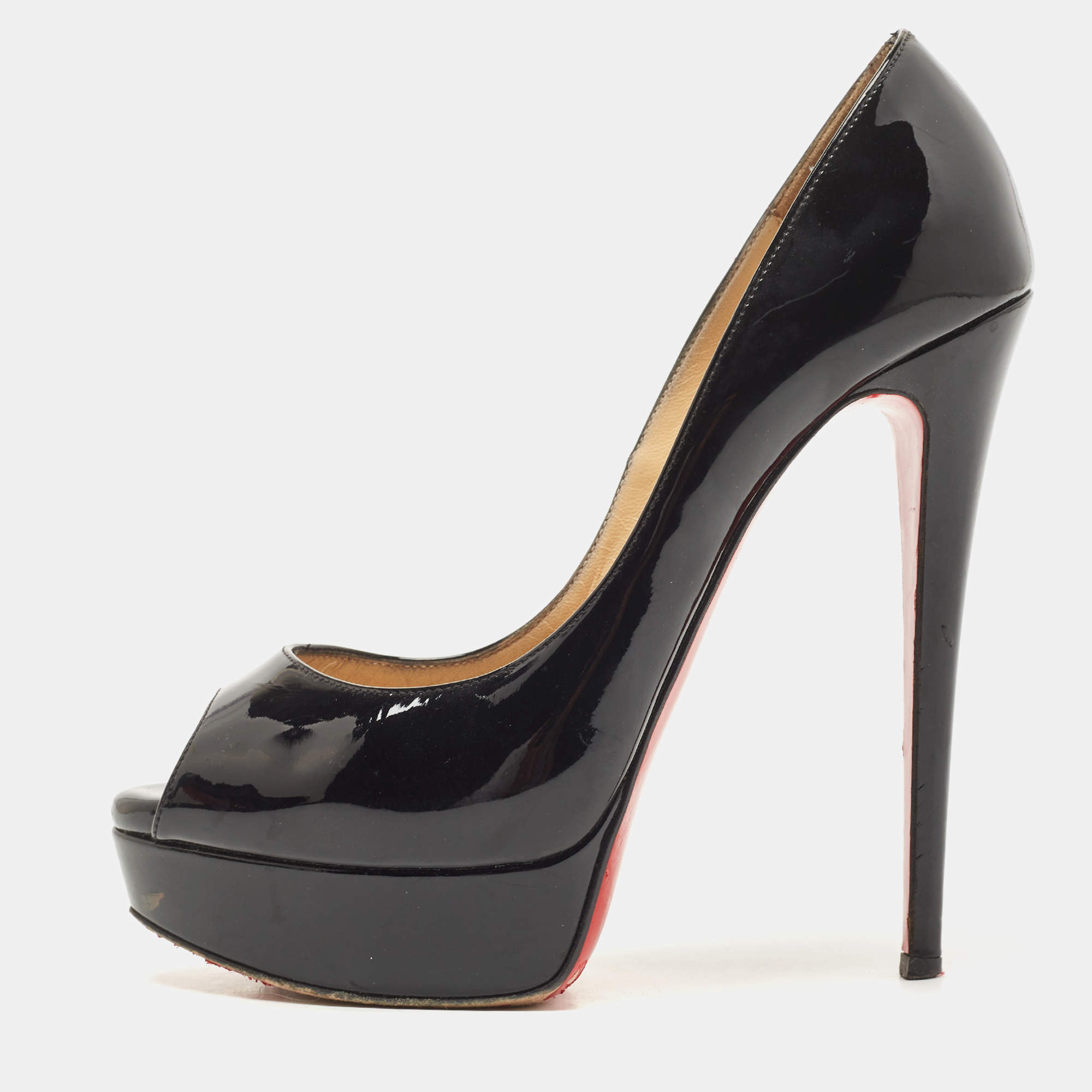 Pre Owned Christian Louboutin Black Patent Lady Peep Pumps Size 38