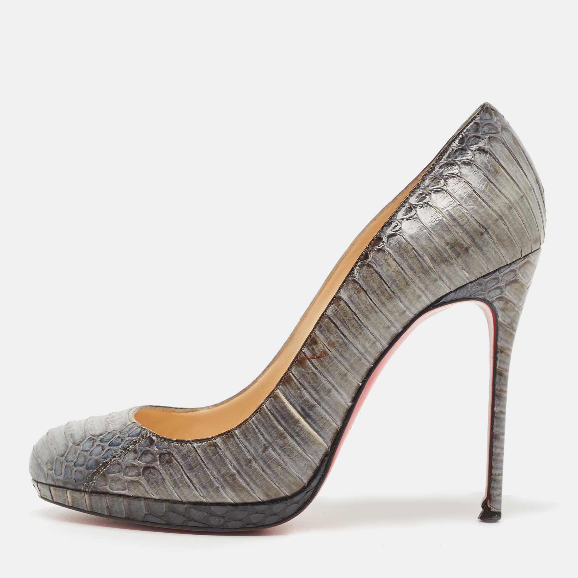 Christian Louboutin Grey Python Leather Round Toe Pumps Size 37.5