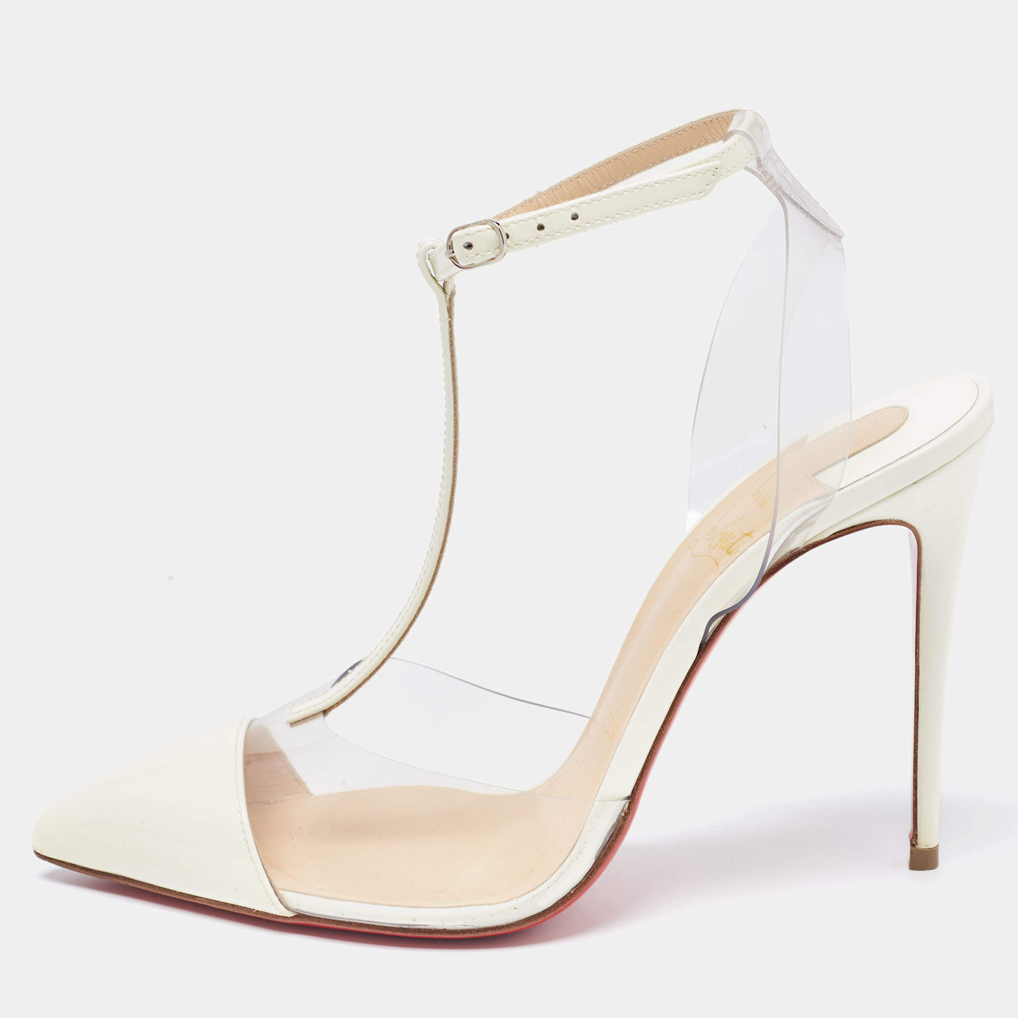 Pre Owned Christian Louboutin White Patent Leather and PVC Nosy T-Strap Pumps Size 36.5