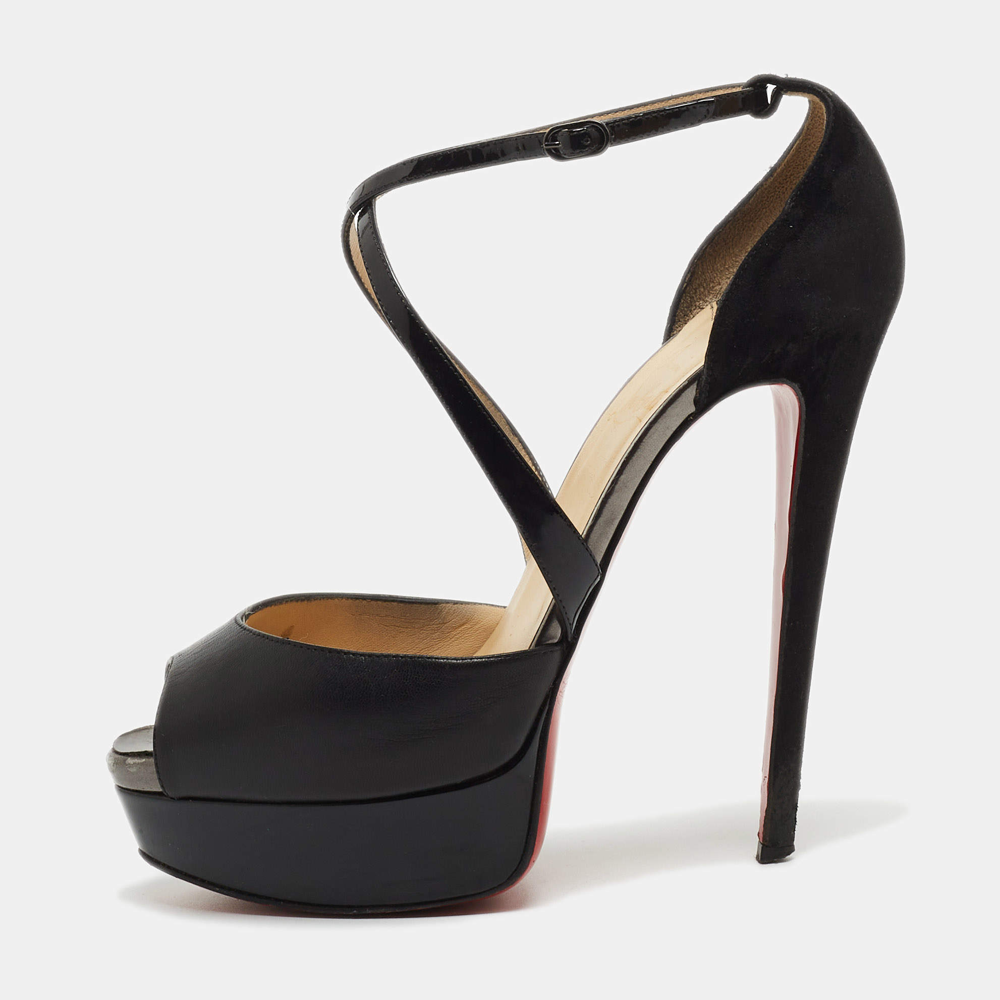 Christian Louboutin Black Leather Exagona Platform Ankle Strap 