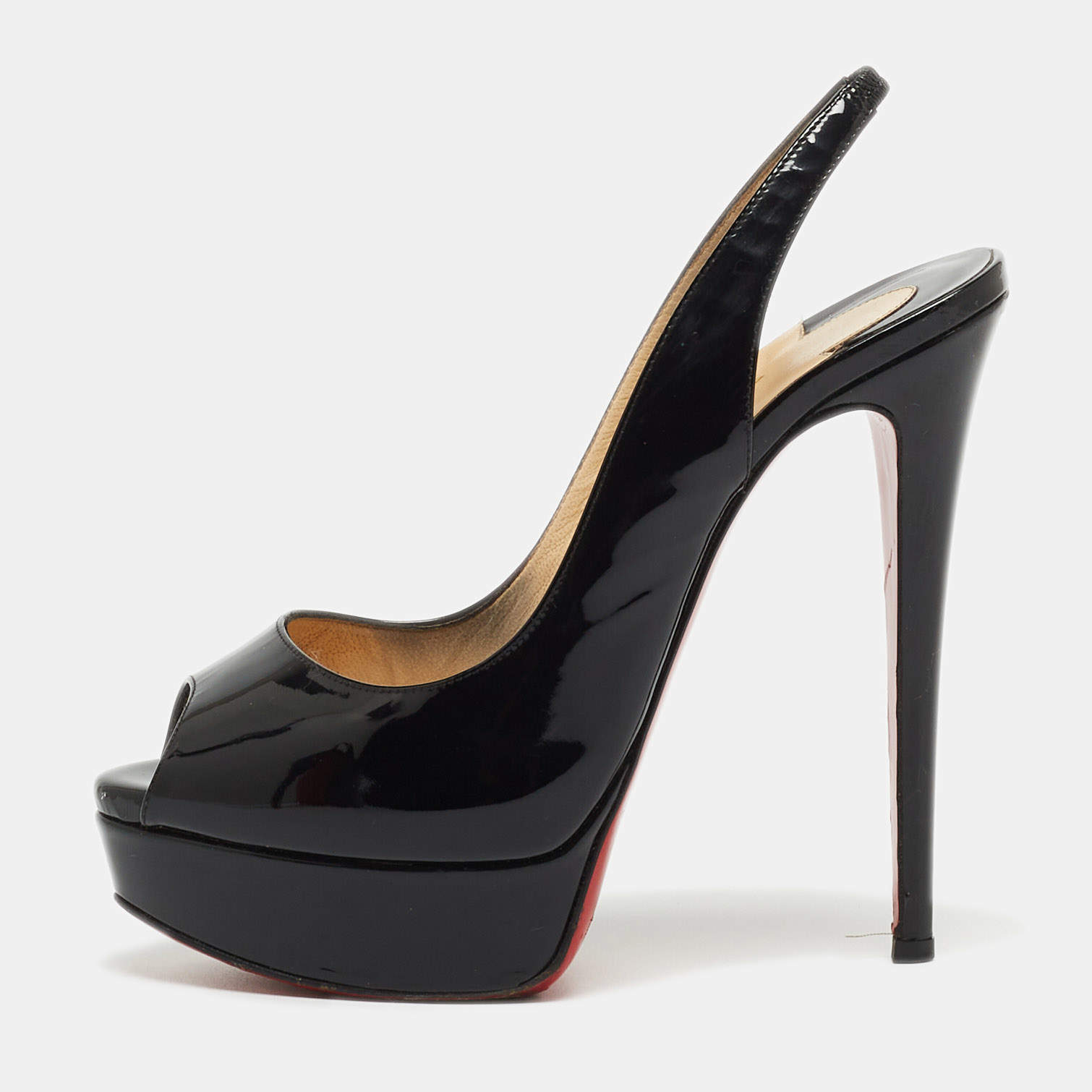 Pre Owned Christian Louboutin Black Patent Leather Private Number Peep Toe Platform Slingback Pumps Size 37