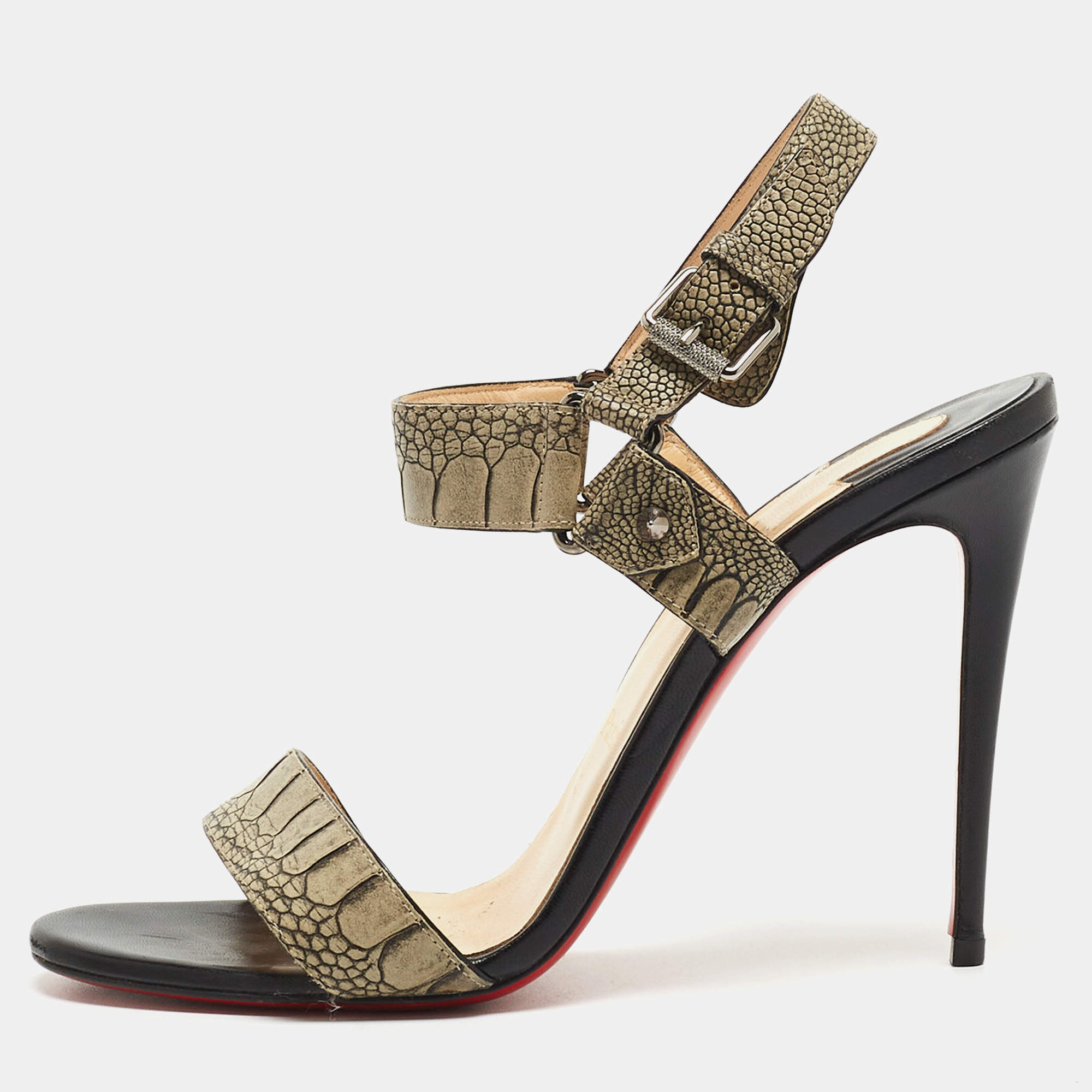 مملوكة مسبقًا Christian Louboutin Grey Croc-Embossed Leather Sova Ankle Strap Sandals Size 38.5