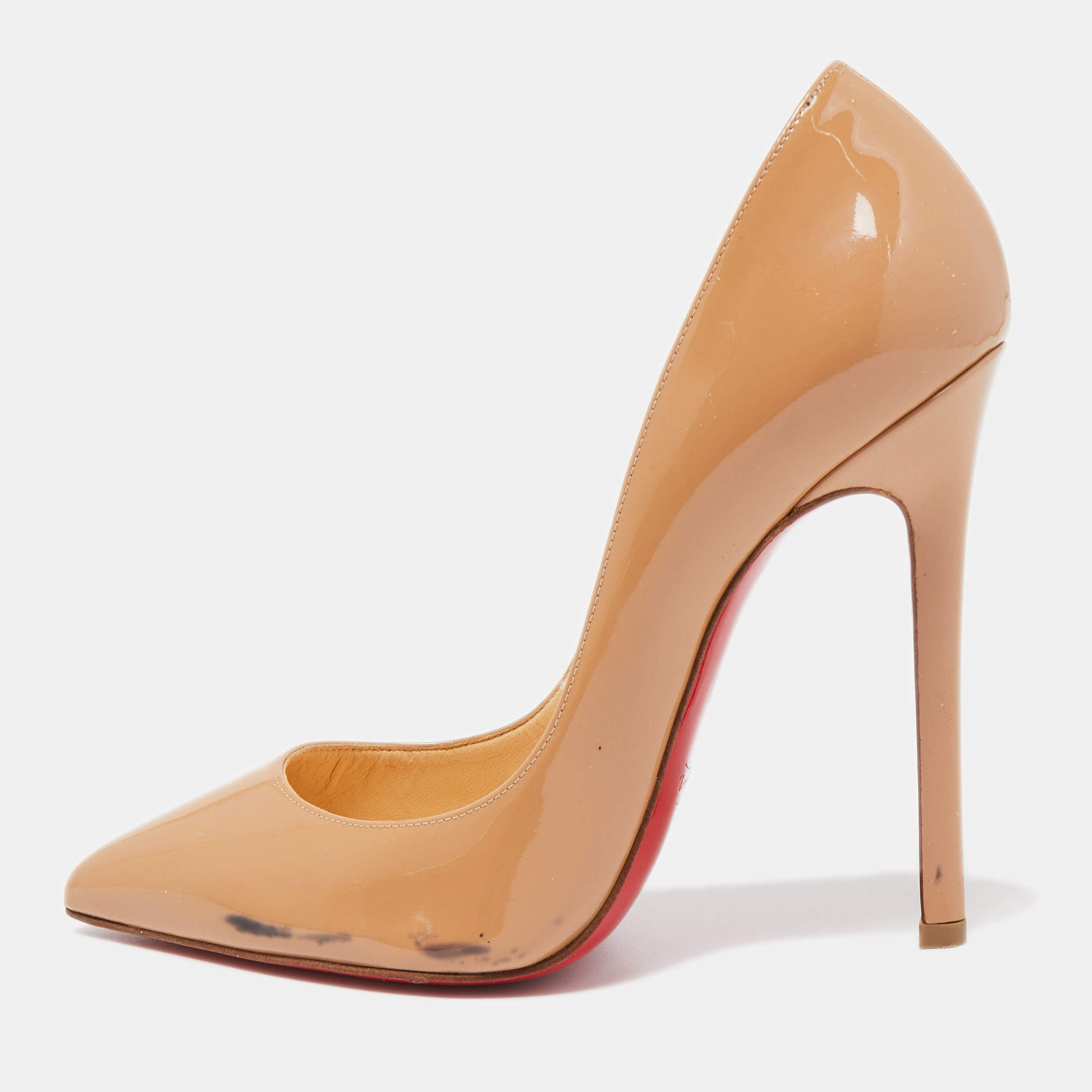 Pre Owned Christian Louboutin Beige Patent Leather So Kate Pointed Toe Pumps Size 37.5