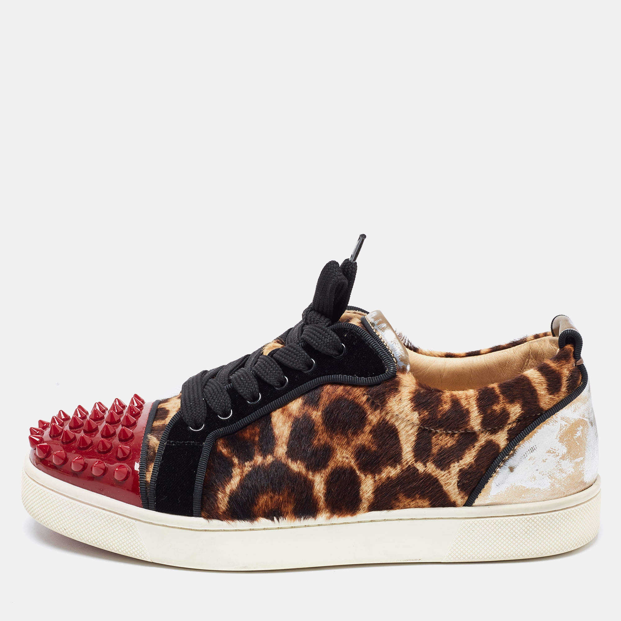 Christian Louboutin Multicolor Leather And Leopard Print Canvas Louis  Junior Spikes Sneakers Size 36 Christian Louboutin