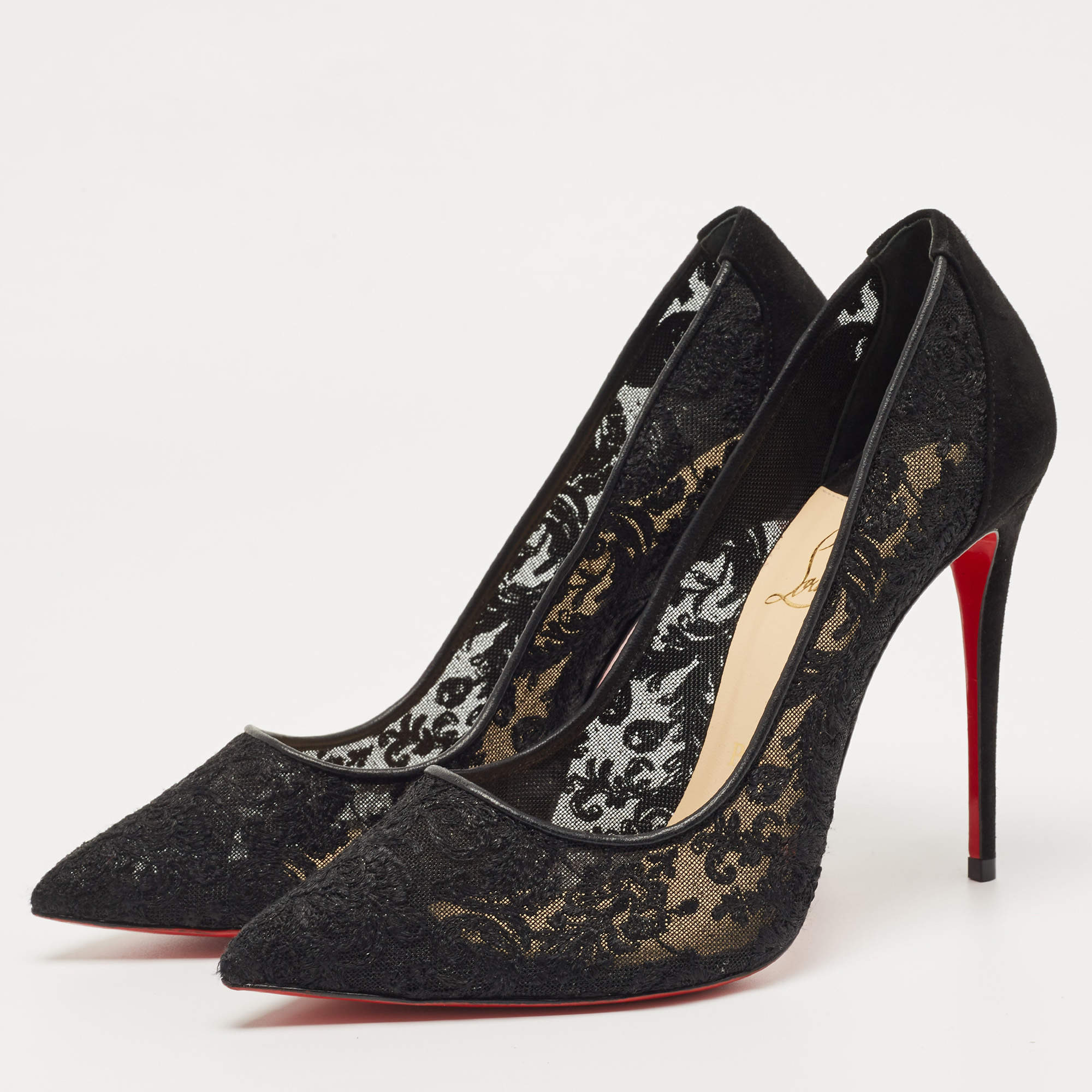 Pre Owned Christian Louboutin Black Mesh and Suede Follies Pumps Size 38.5