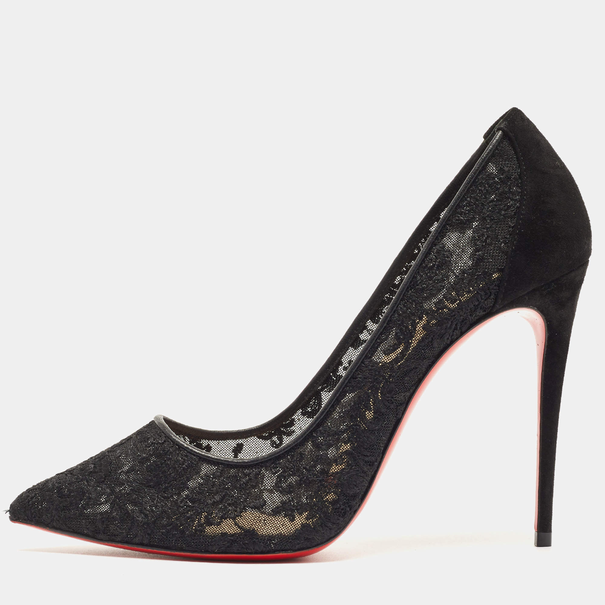 Pre Owned Christian Louboutin Black Mesh and Suede Follies Pumps Size 38.5