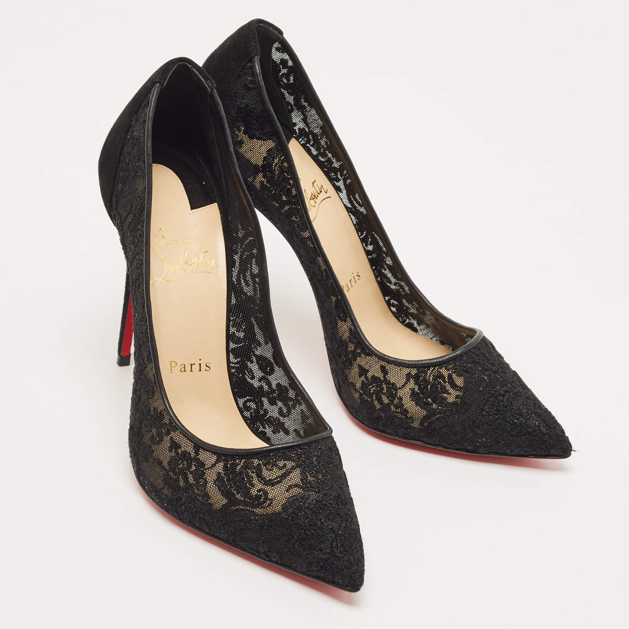 Pre Owned Christian Louboutin Black Mesh and Suede Follies Pumps Size 38.5