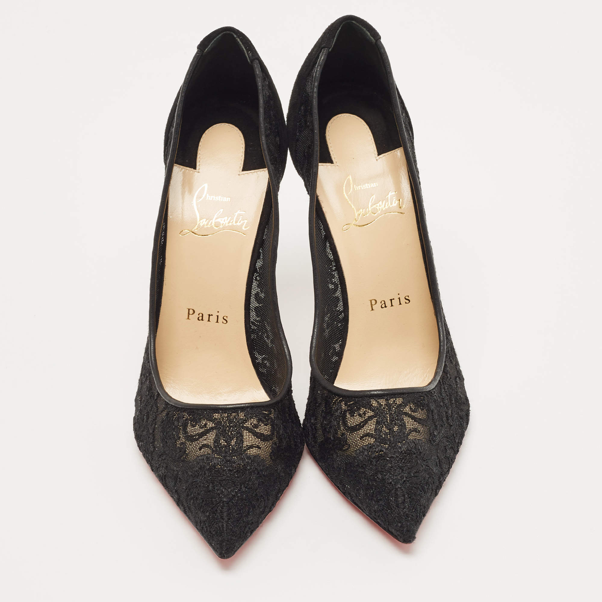 Pre Owned Christian Louboutin Black Mesh and Suede Follies Pumps Size 38.5