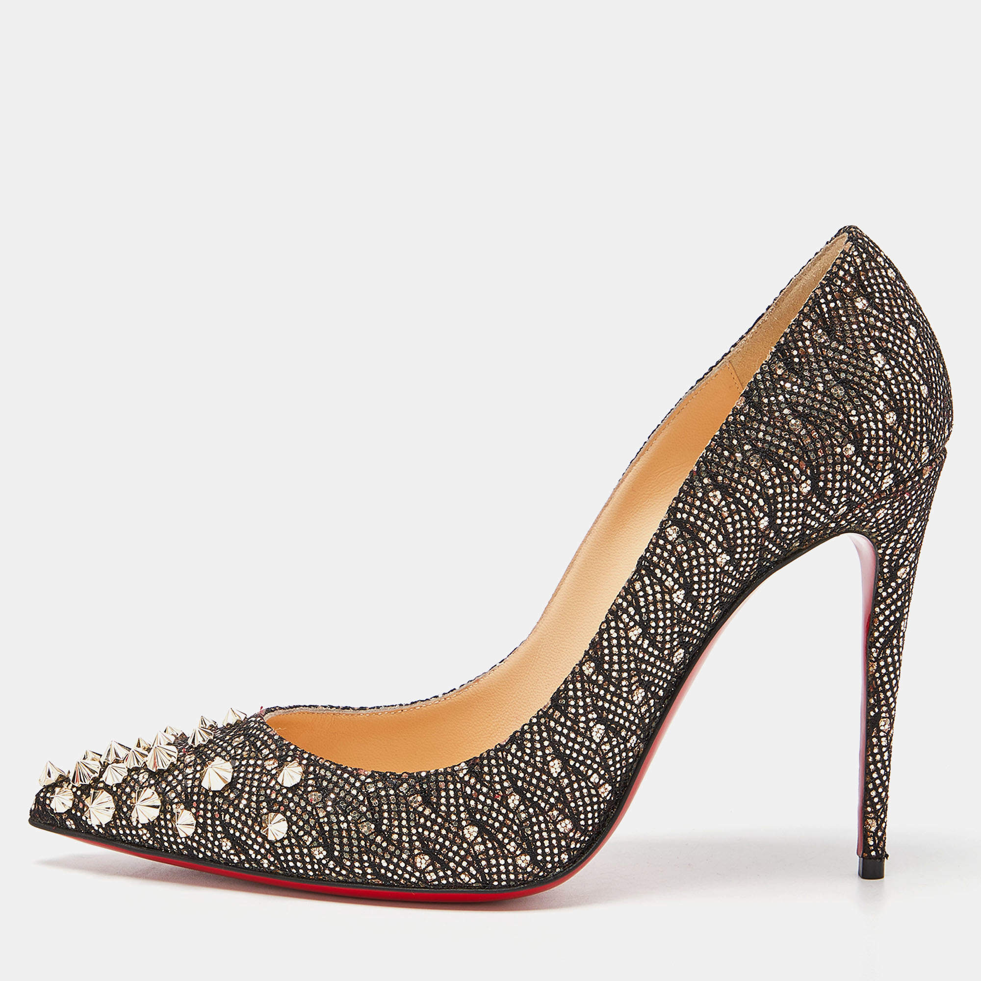 Pre Owned Christian Louboutin Black/Gold Fabric and Glitter Veau Velours Drama Pumps Size 39