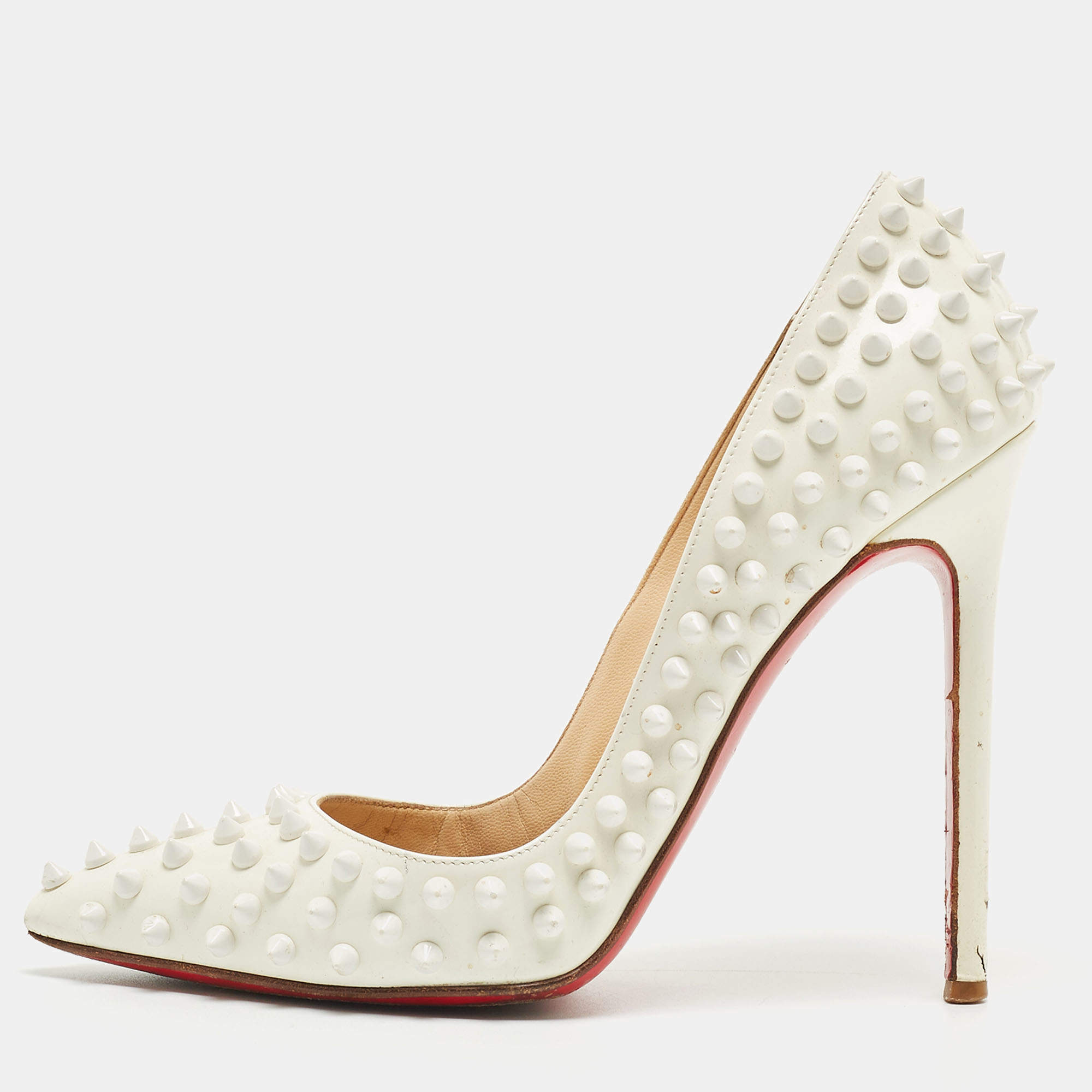 Pre Owned Christian Louboutin White Patent Leather Pigalle Spikes Pumps Size 37.5