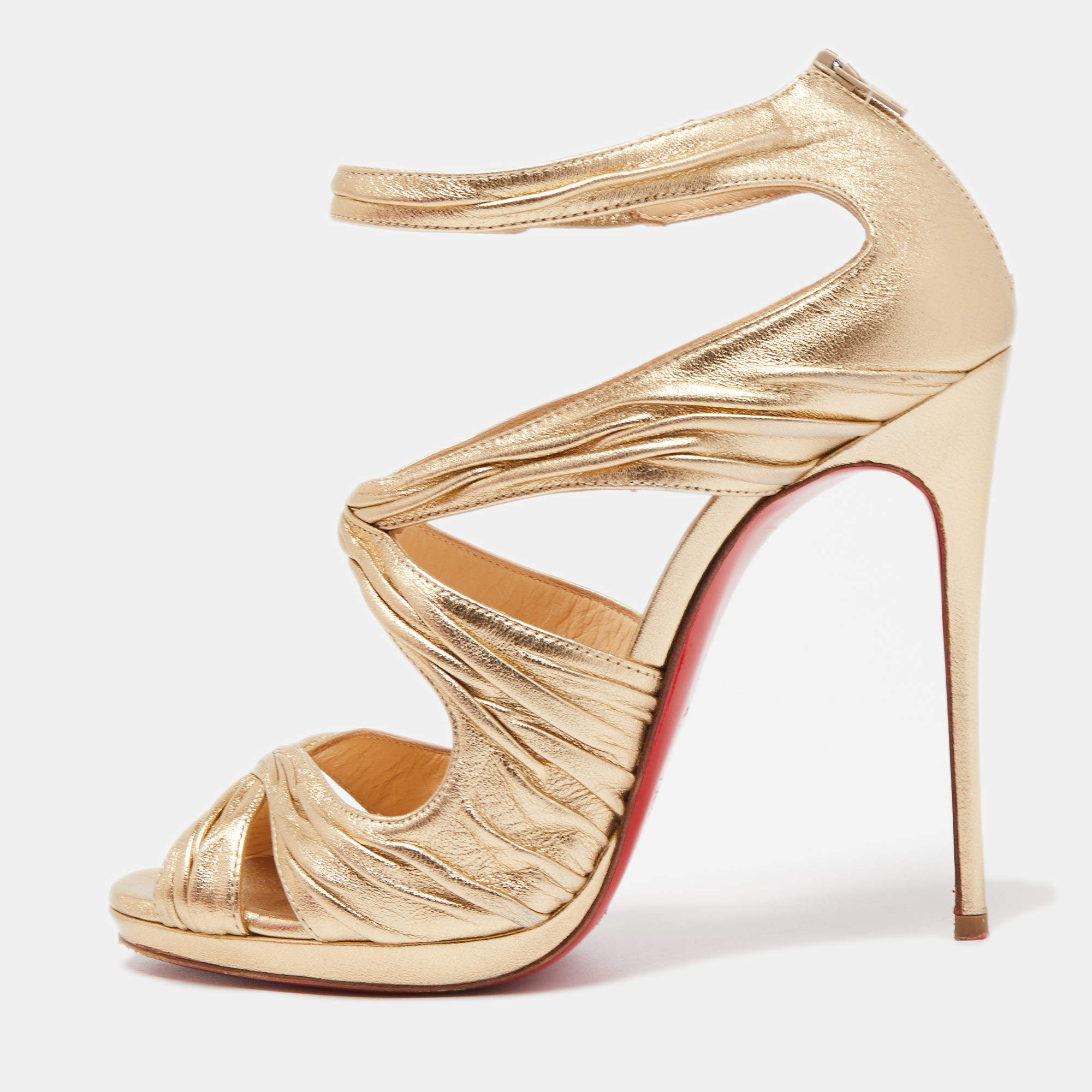 Christian Louboutin Metallic Gold Leather Stiletto Kashou Nappa Sandals Size 38