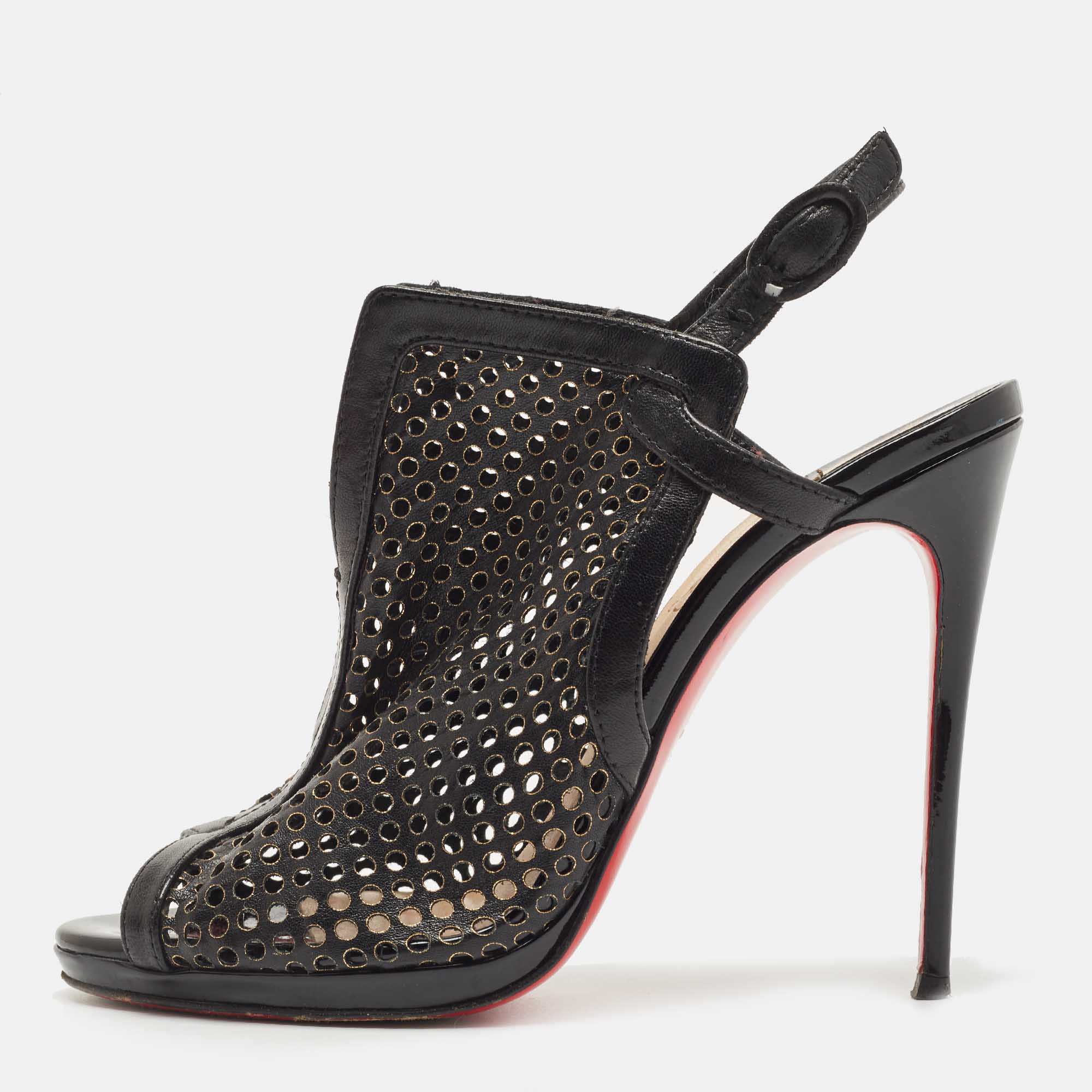 Christian Louboutin Black Laser Cut Leather Escriminette Sandals Size 37