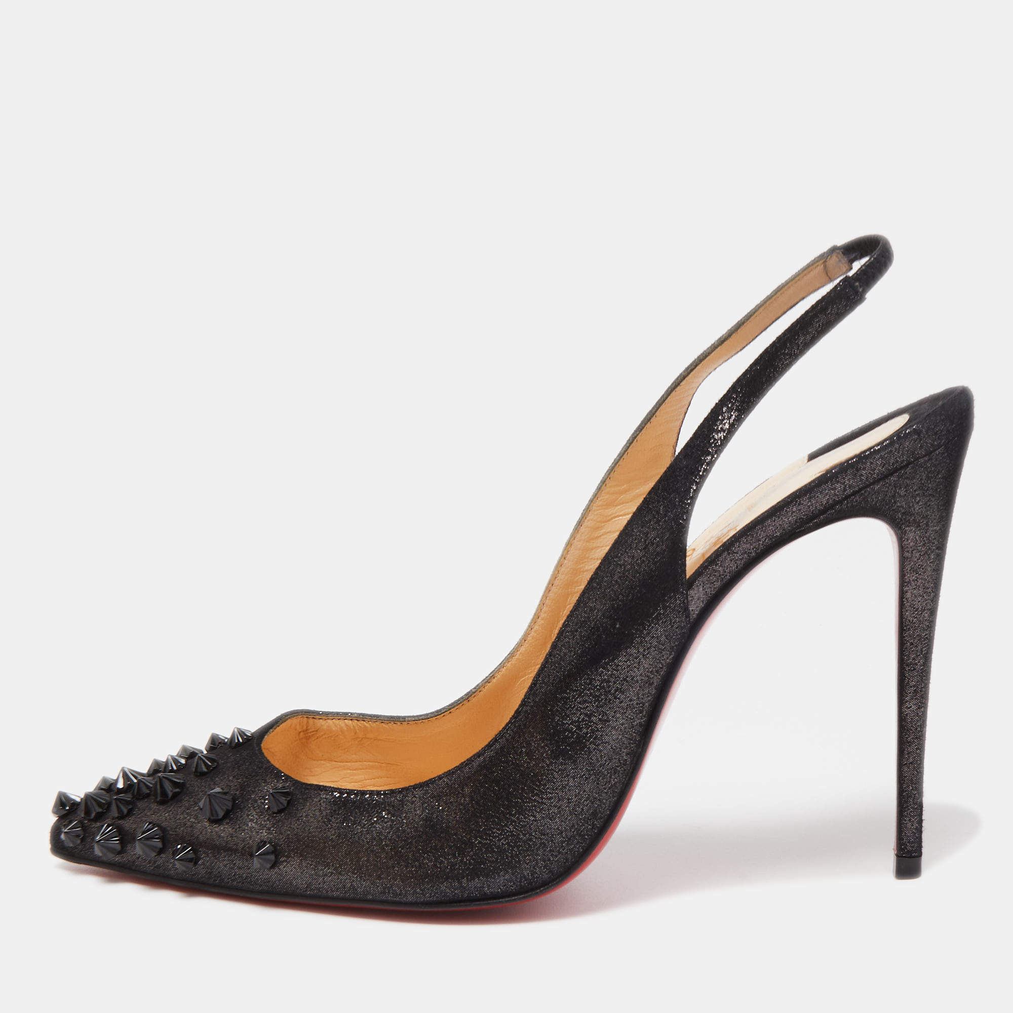 Pre Owned Christian Louboutin Black Glitter Nubuck Leather Drama Spikes Slingback Sandals Size 38