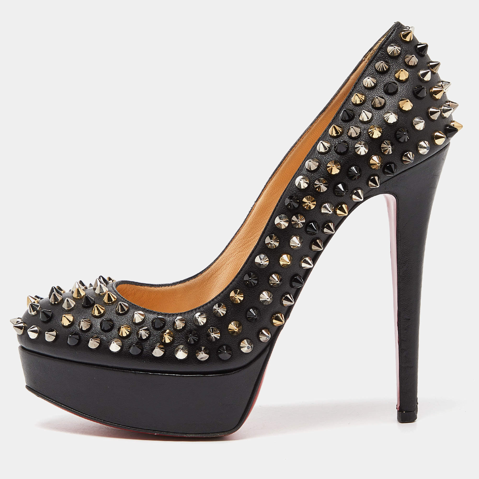 Pre Owned Christian Louboutin Black Leather Alti Spikes Platform Pumps Size 38