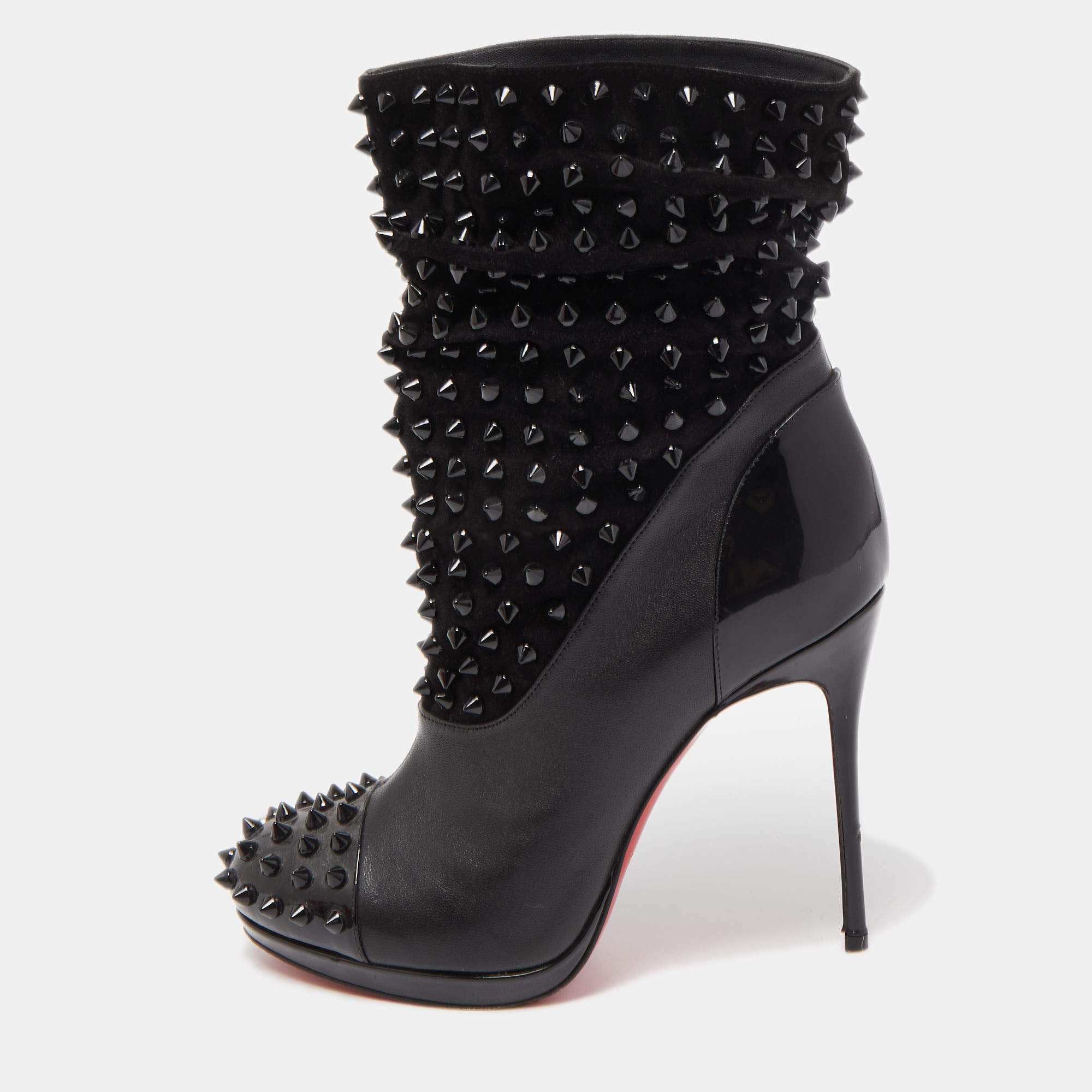 Christian Louboutin Black Patent Leather and Suede Spike Wars Ankle Boots Size 36