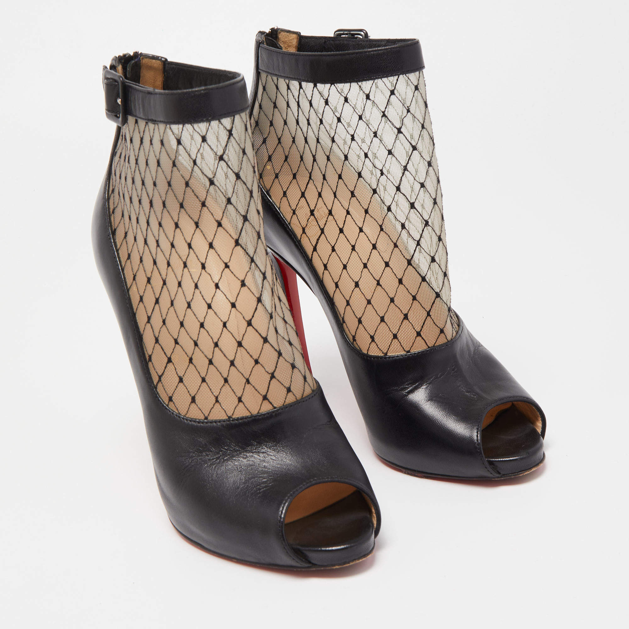 Christian Louboutin Red/Beige Mesh And Leather Fishnet Ankle Boots Size 37 Christian  Louboutin