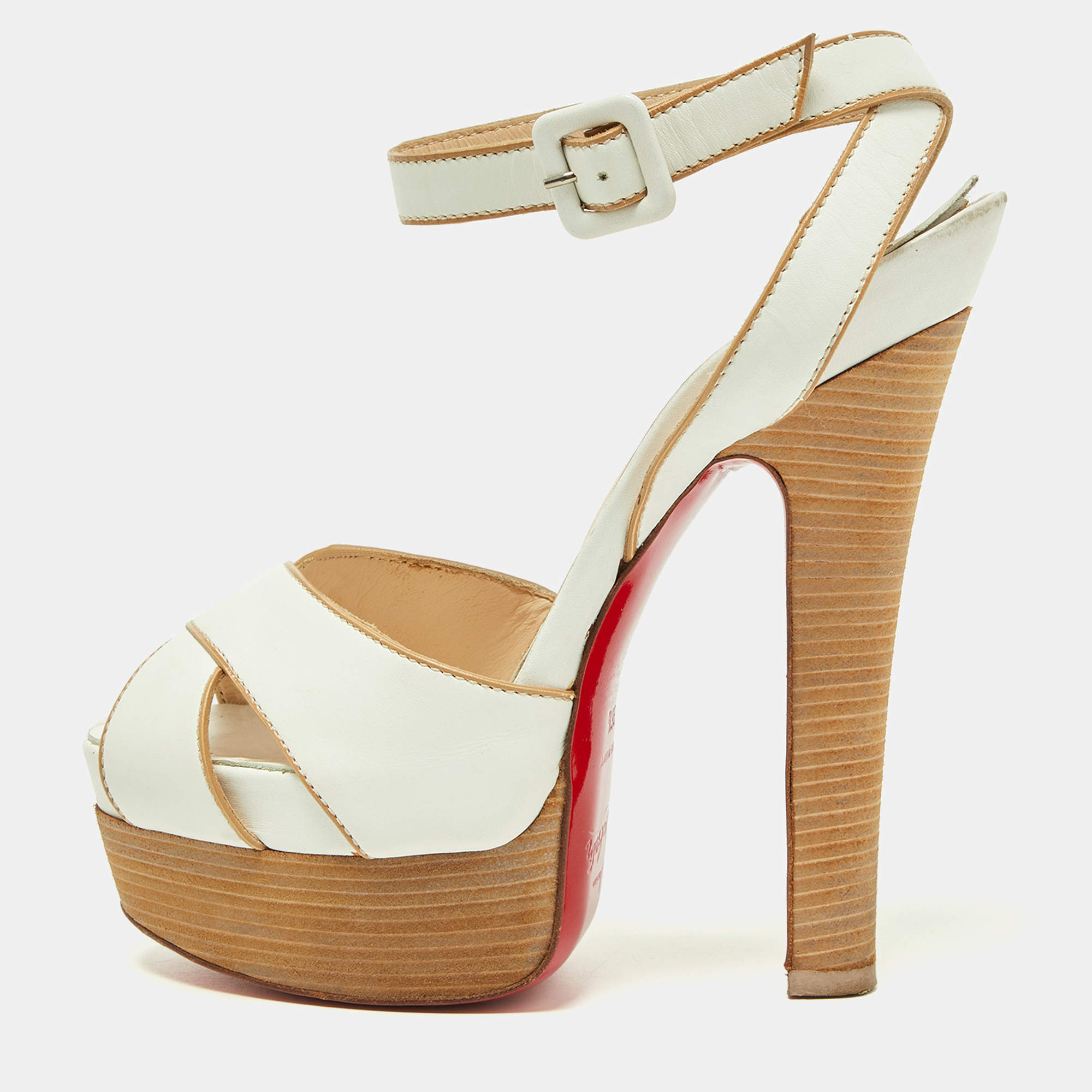 Pre Owned Christian Louboutin White Leather Criss Cross Platform Ankle Strap Sandals Size 36.5