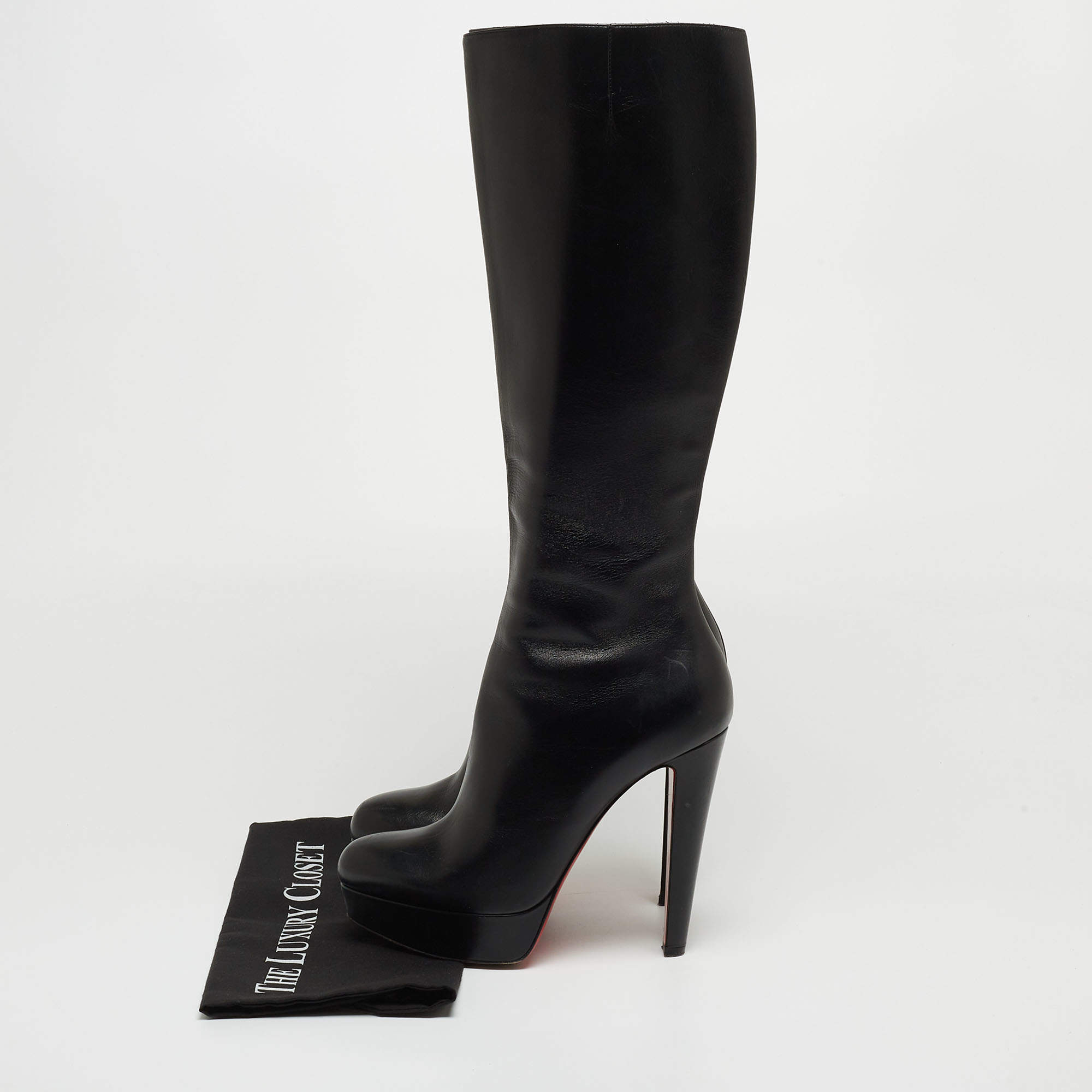 Christian Louboutin Black Leather Bianca Platform Knee Length Boots Size 39.5