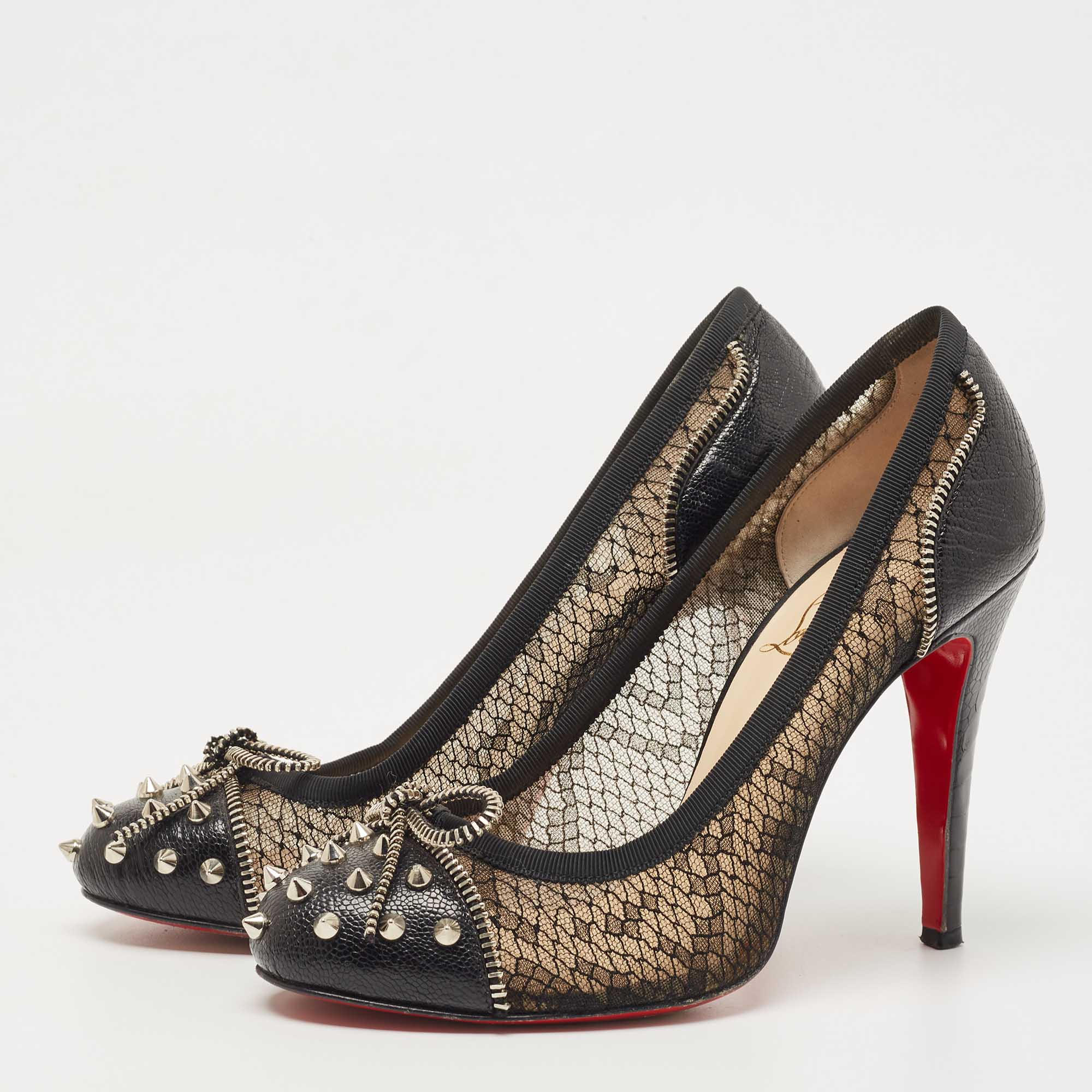 Christian Louboutin Black Leather and Lace Candy Spiked Pumps Size 38 Christian Louboutin TLC