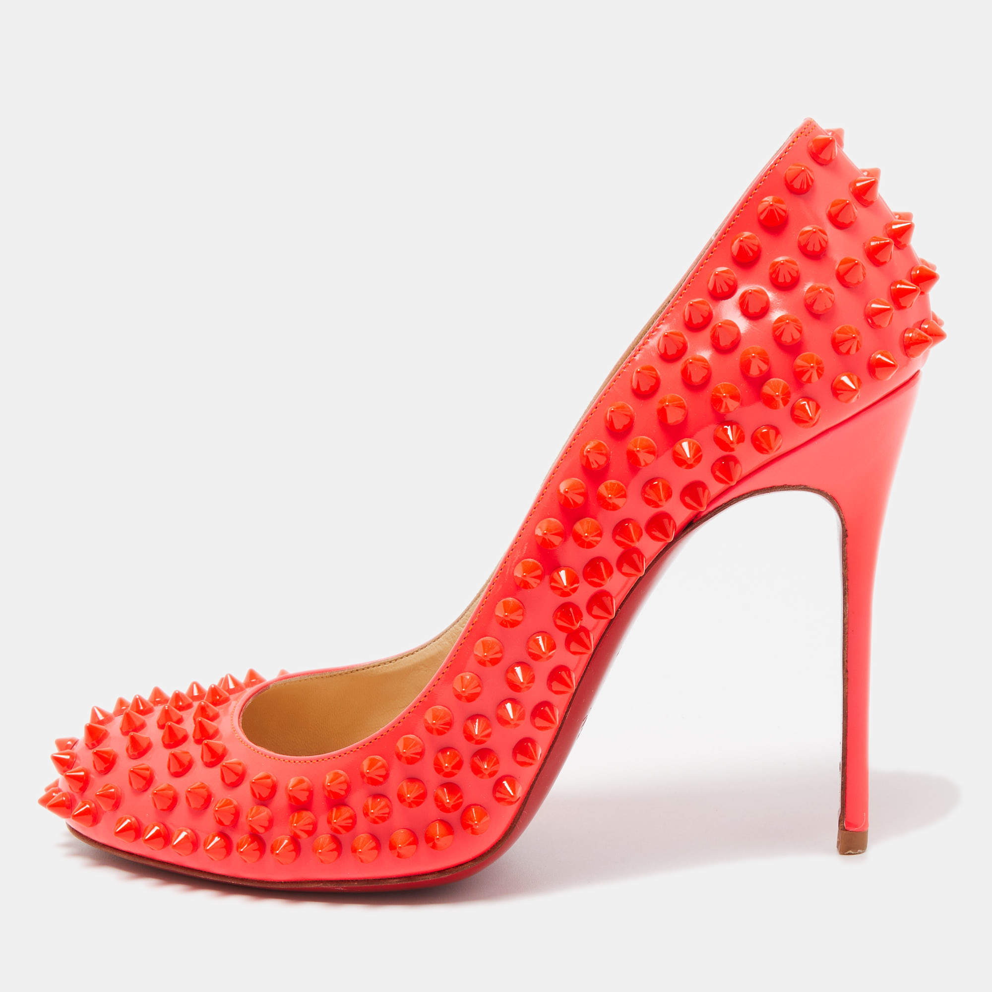 Pre Owned Christian Louboutin Neon Orange Patent Leather Fifi Spikes Pumps Size 39