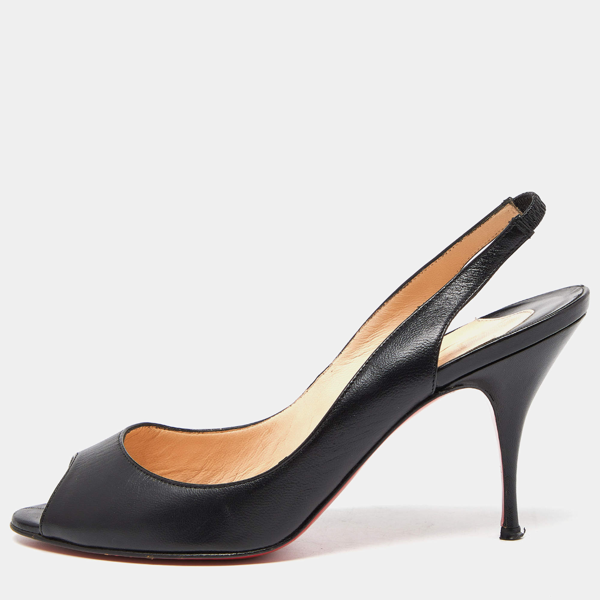 مملوكة مسبقًا Christian Louboutin Black Leather Peep Toe Slingback Pumps Size 38.5