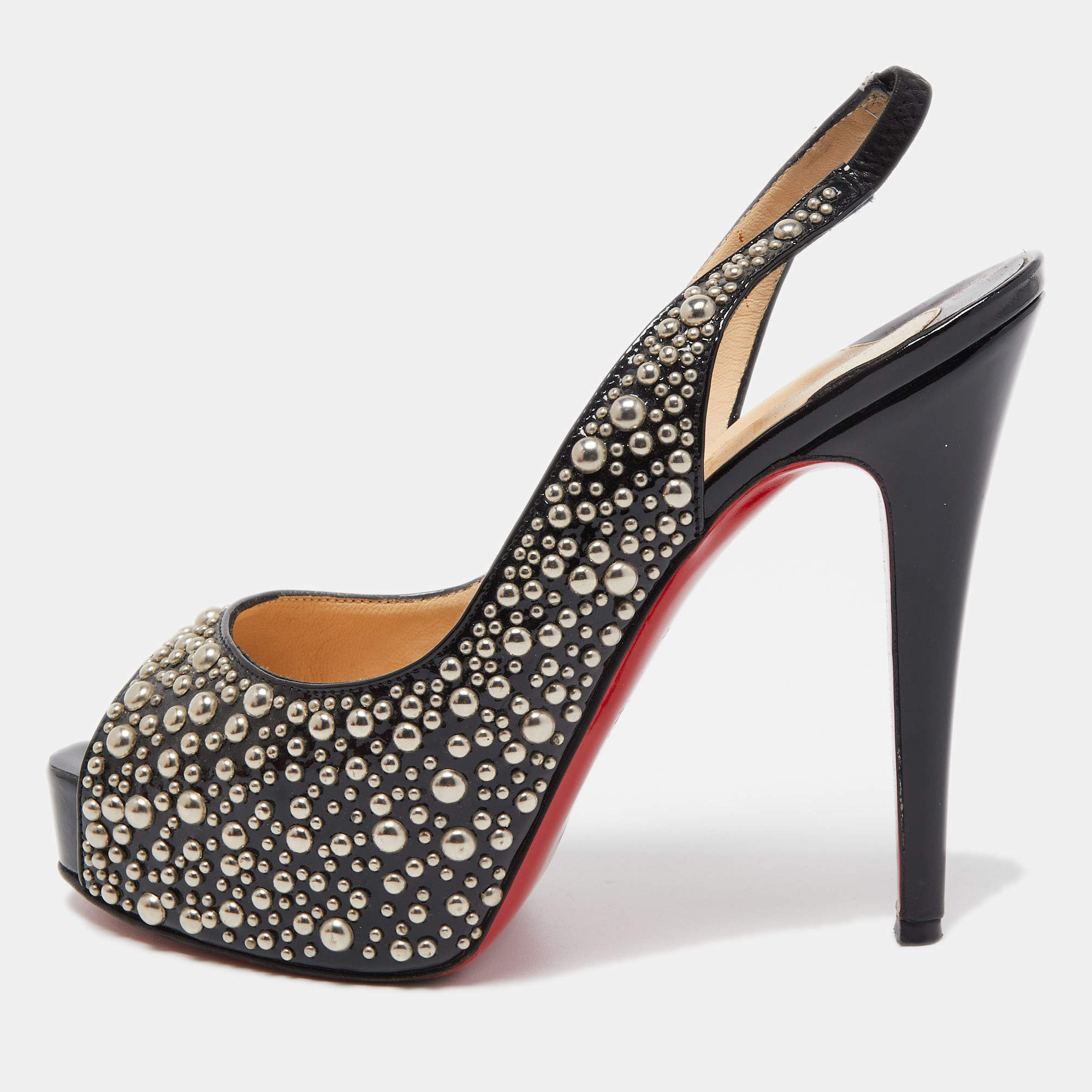 Pre Owned Christian Louboutin Black Studded Patent Leather Star Prive Peep Toe Slingback Sandals Size 36
