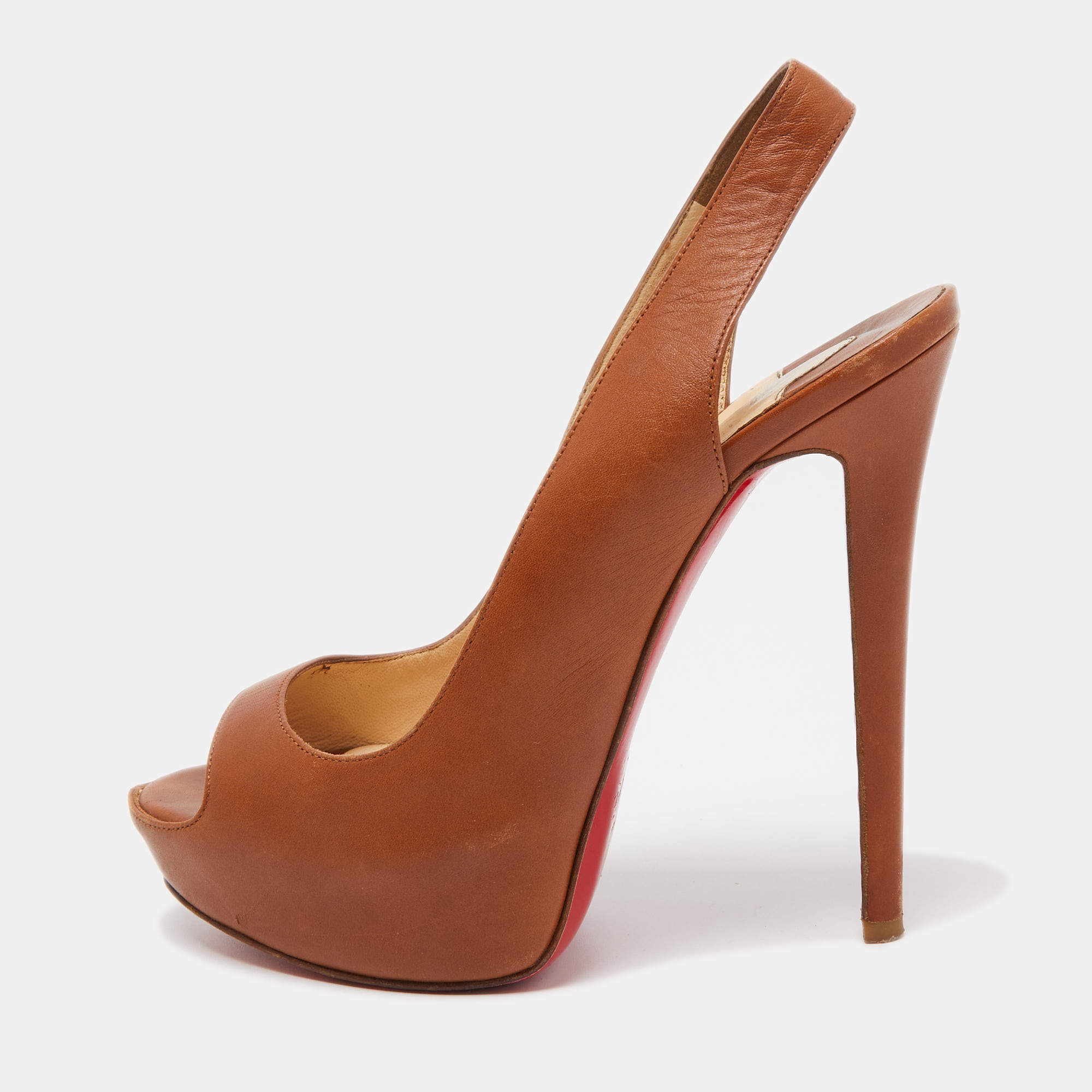 مملوكة مسبقًا Christian Louboutin Brown Leather Peep Toe Platform Slingback Sandals Size 37