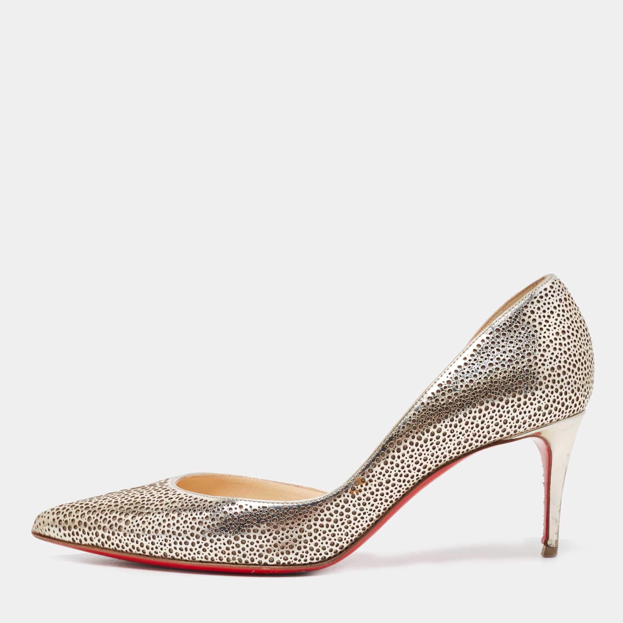 مملوكة مسبقًا Christian Louboutin Gold Laser Cut Leather and Glitter Galu D'orsay Pumps Size 36