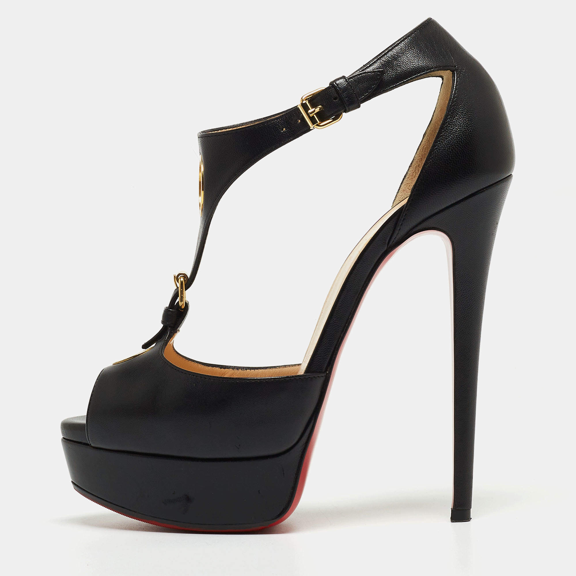 Pre Owned Christian Louboutin Black Leather T-Bar Peep Toe Platform Sandals Size 36