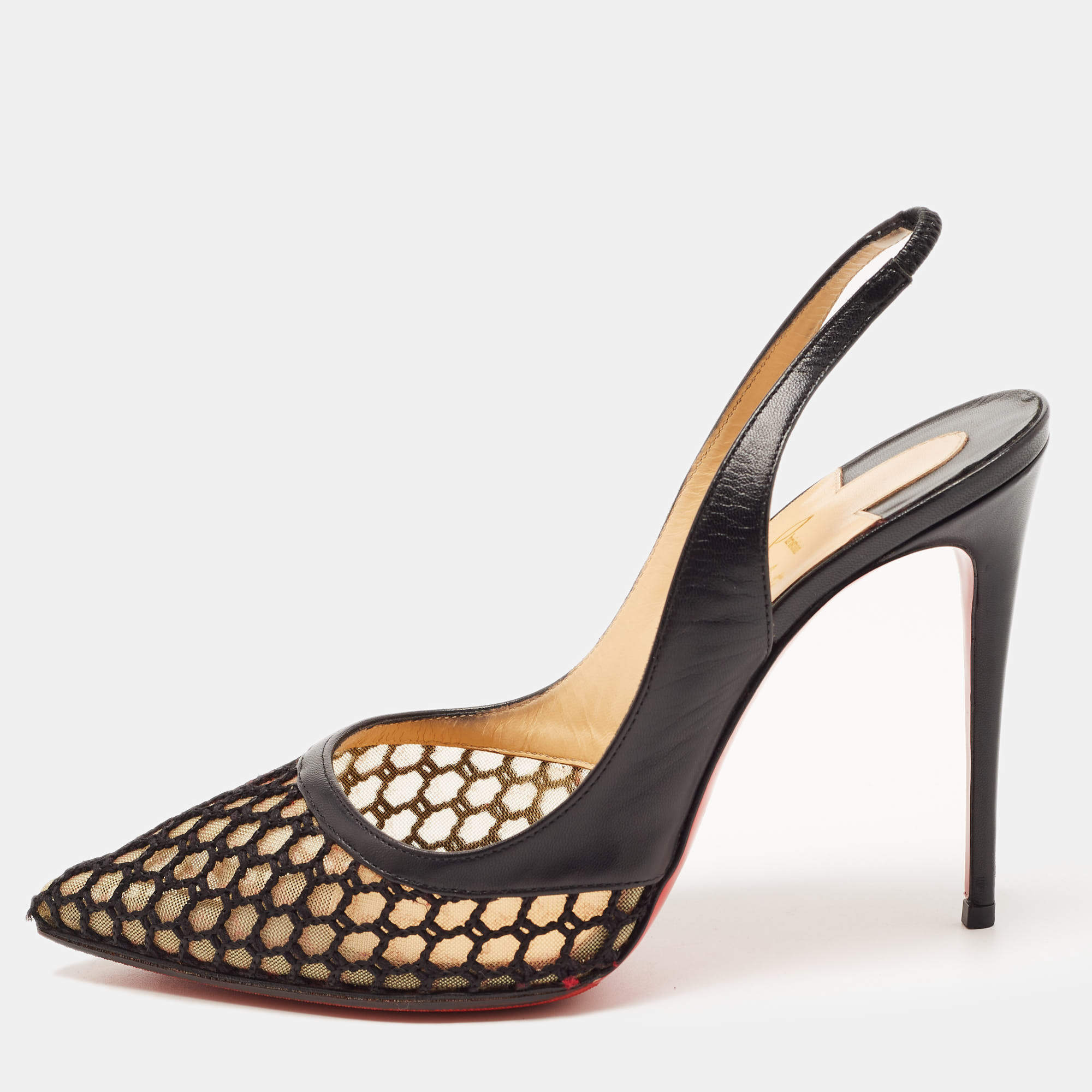 Pre Owned Christian Louboutin Black Leather and Mesh Miluna Slingback Pumps Size 37.5