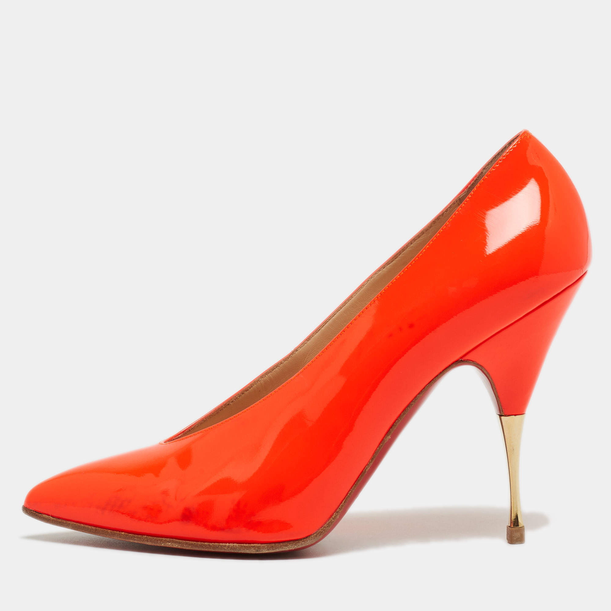Pre Owned Christian Louboutin Neon Orange Patent Leather Lola Pumps Size 38
