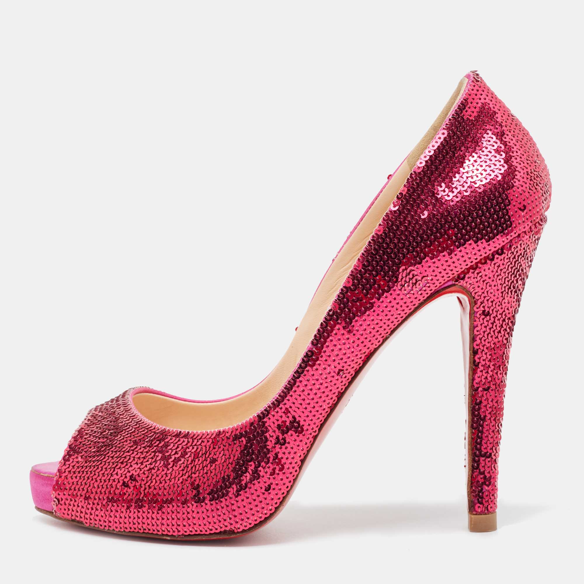 Pre Owned Christian Louboutin Pink Sequin Very Prive Pumps Size 37