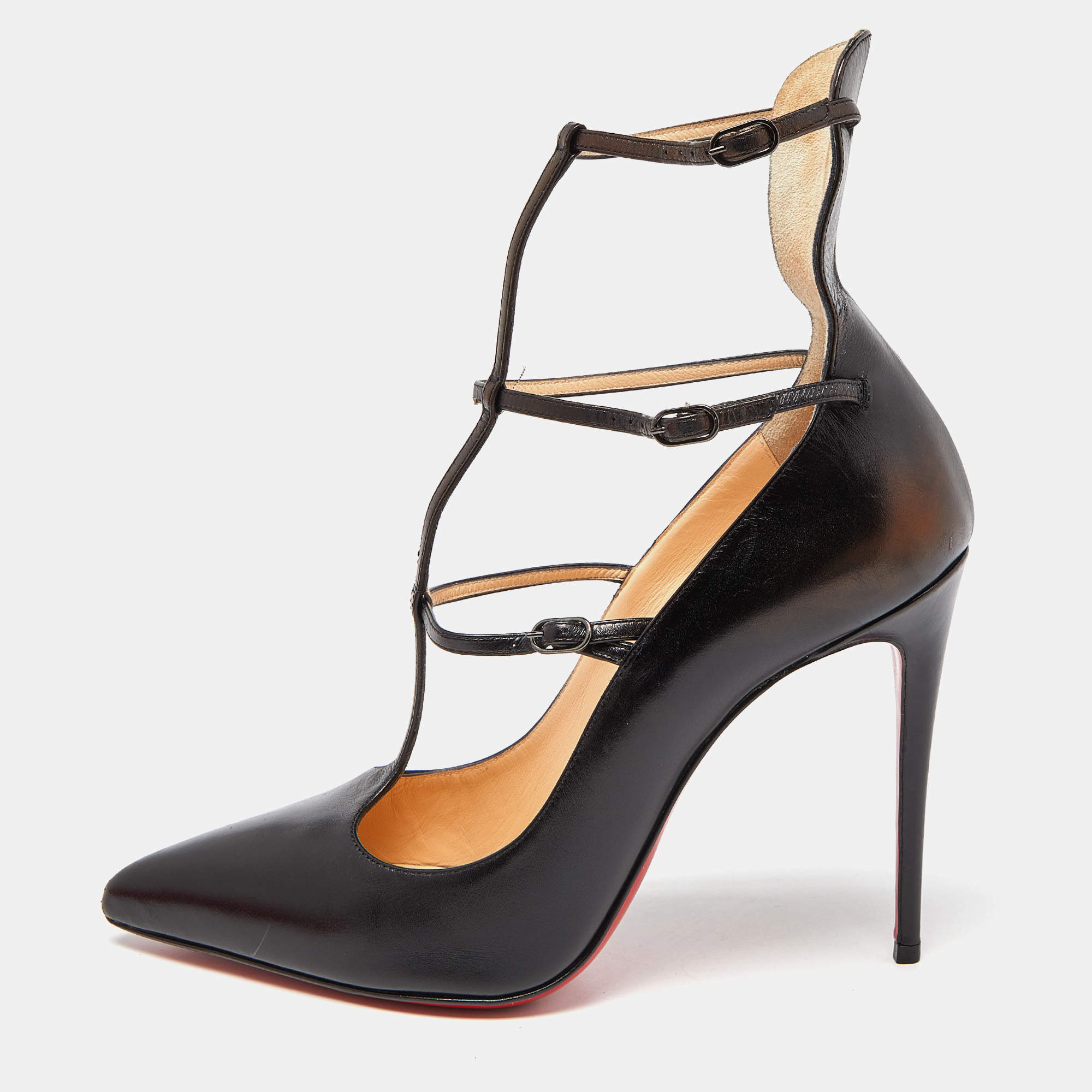 Pre Owned Christian Louboutin Black Leather Kadreyana Cage Pumps Size 38