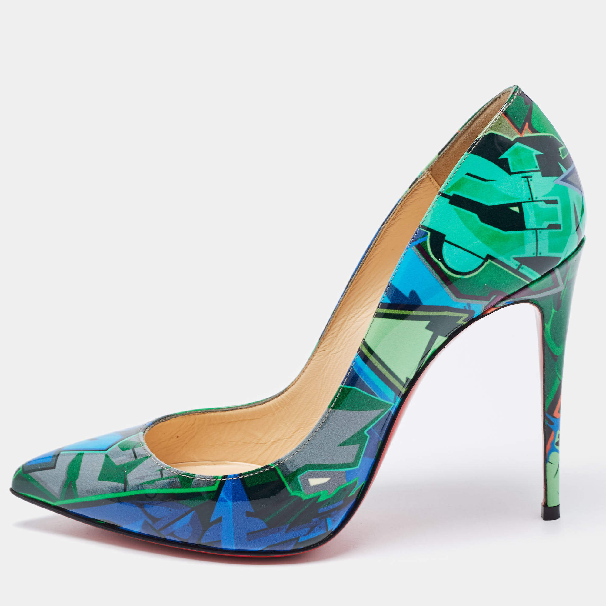 Pre Owned Christian Louboutin Green/Blue Printed Patent Leather Pigalle Follies Pumps Size 37.5
