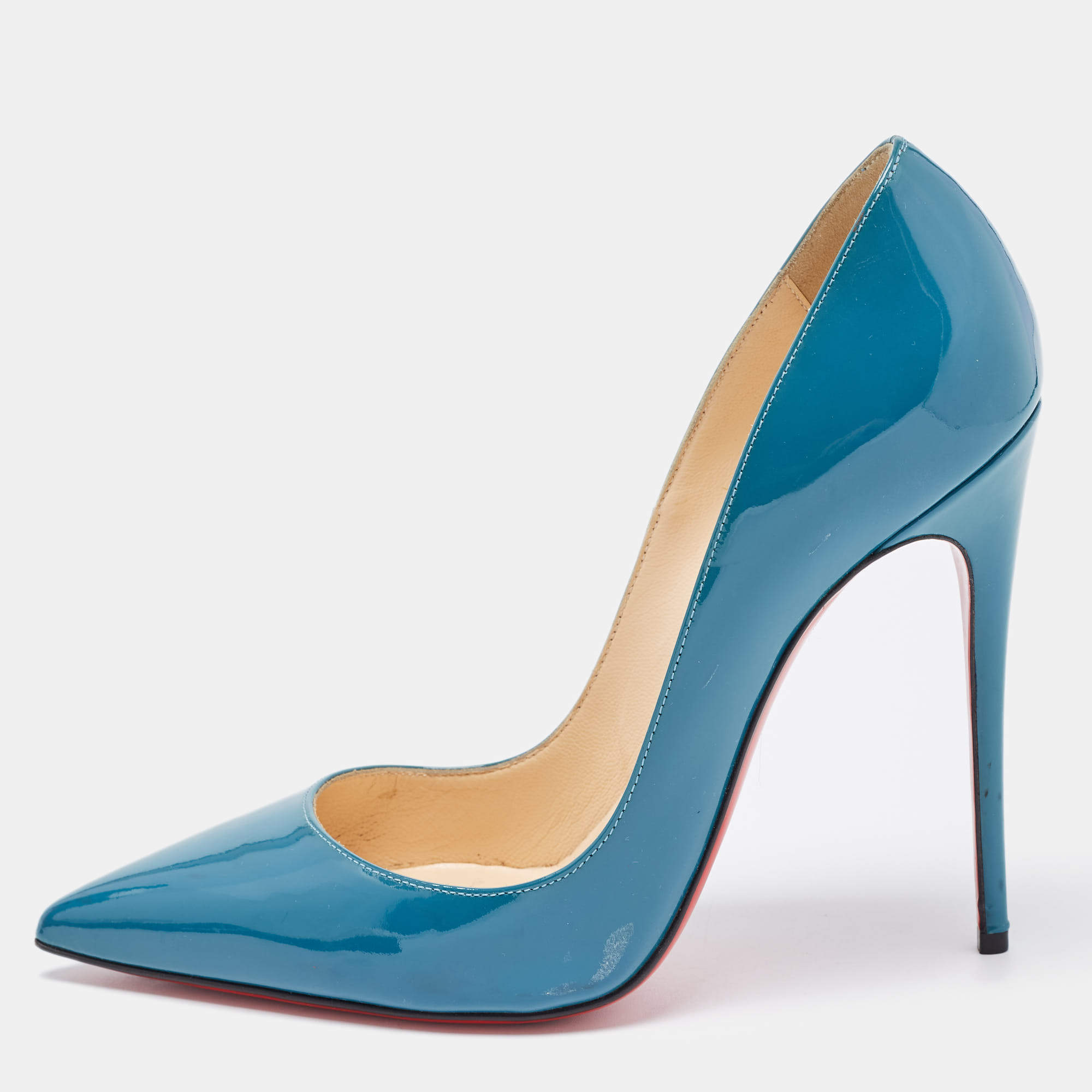 Pre Owned Christian Louboutin Teal Patent Leather So Kate Pumps Size 37.5