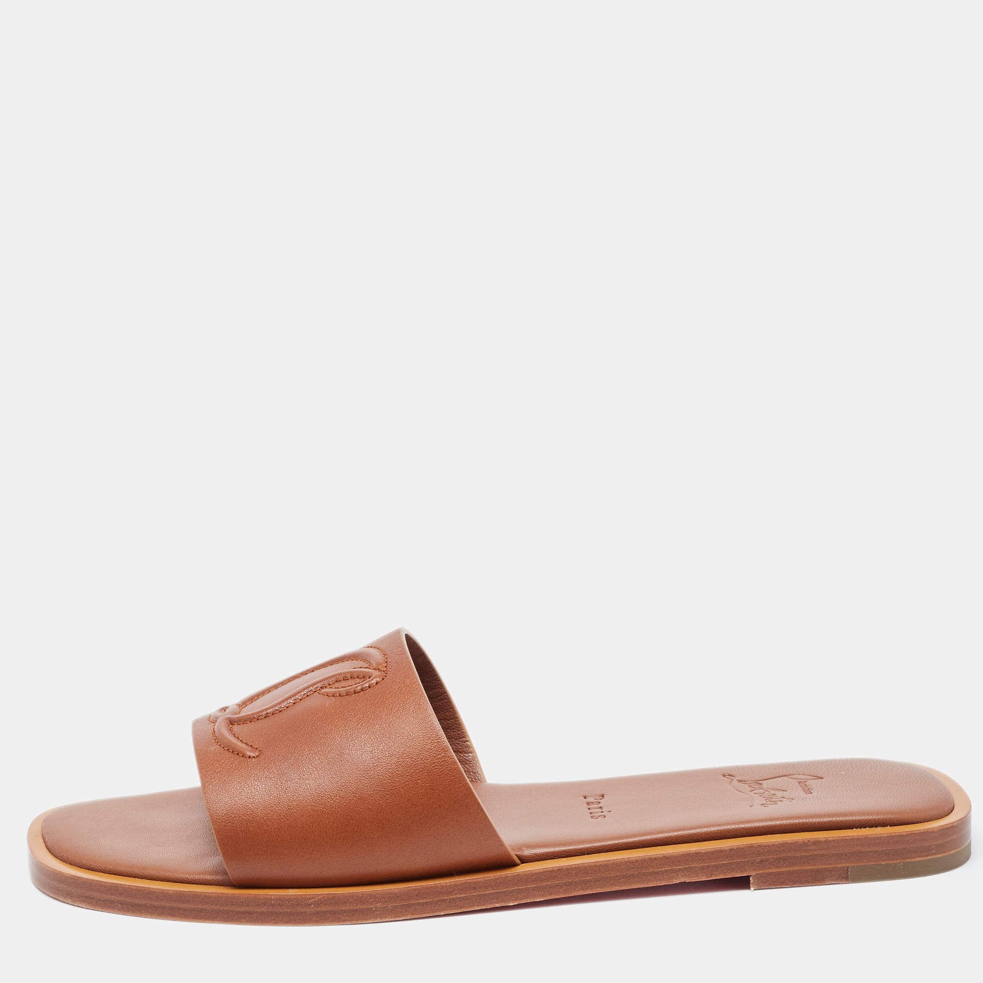 مملوكة مسبقًا Christian Louboutin Brown Leather CL Flat Slides Size 38