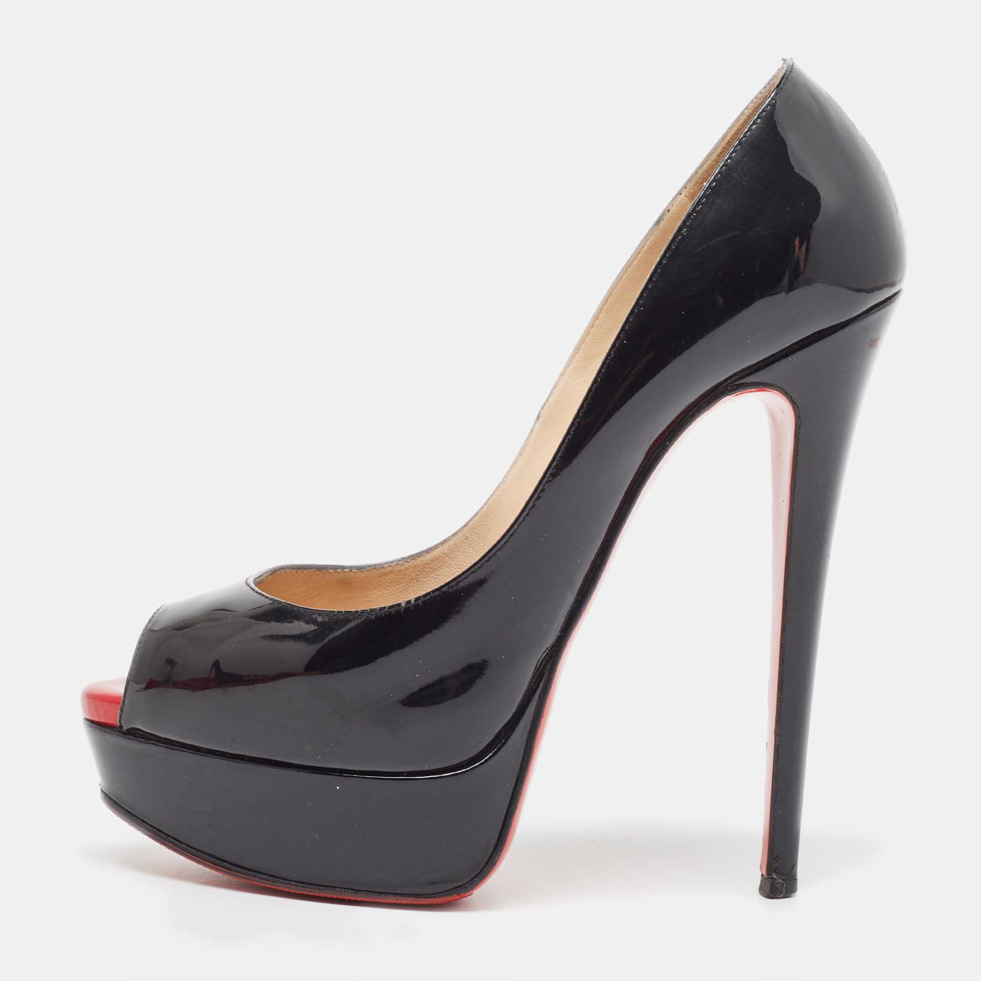 Christian Louboutin Black Patent Leather Lady Peep Pumps