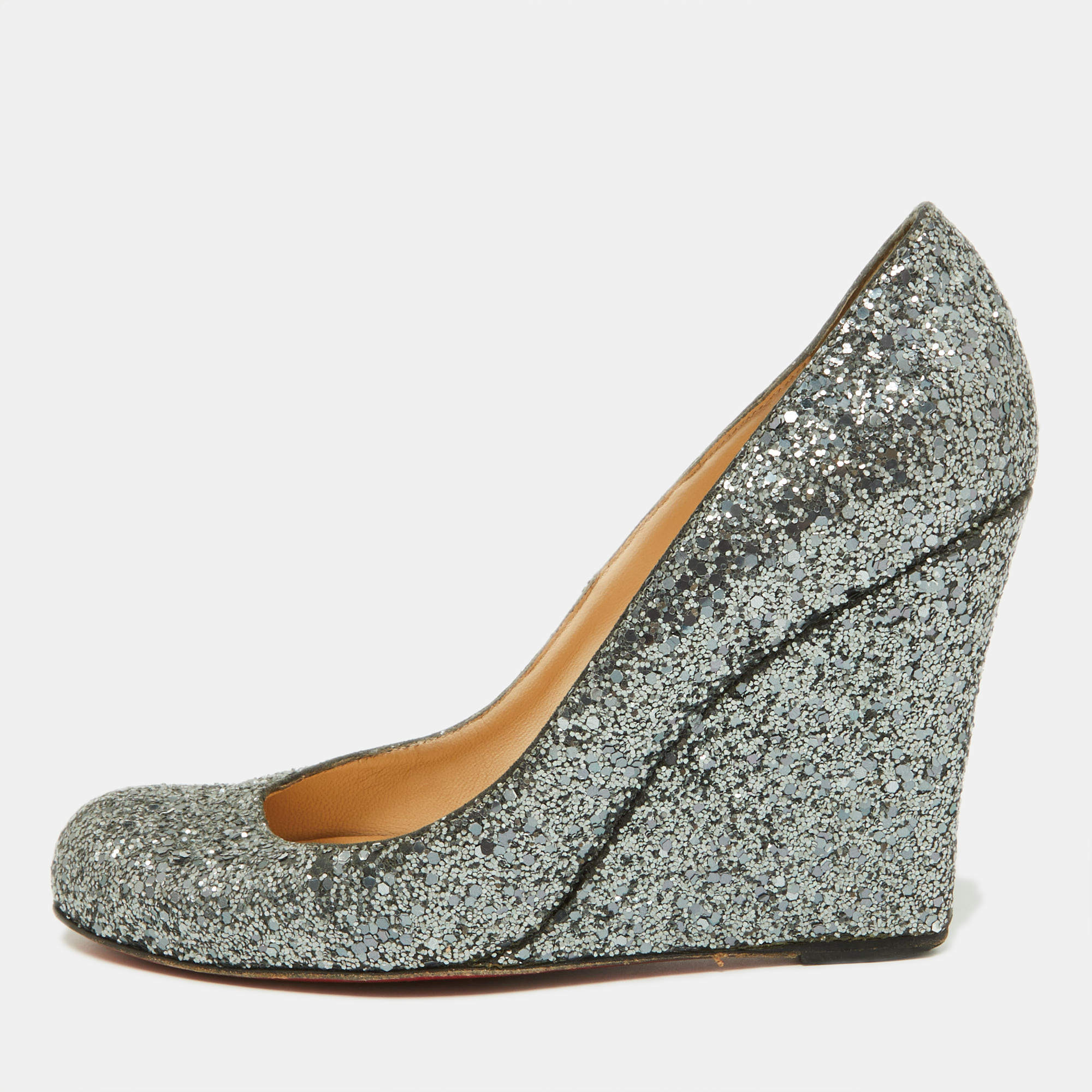 Christian Louboutin Metallic Grey Coarse Glitter Miss Boxe Wedge Pumps Size 38