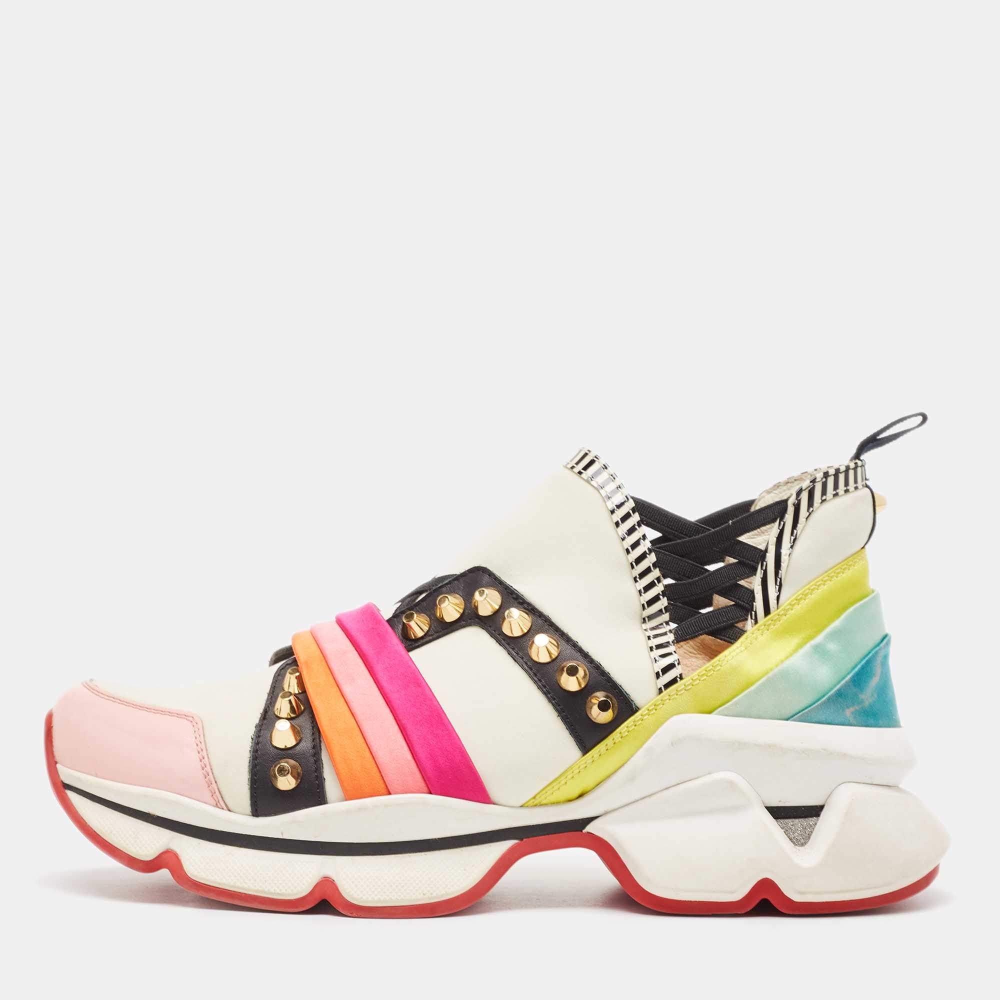 Pre Owned Christian Louboutin Multicolor Neoprene and Leather 123 Run Rainbow Sneakers Size 37