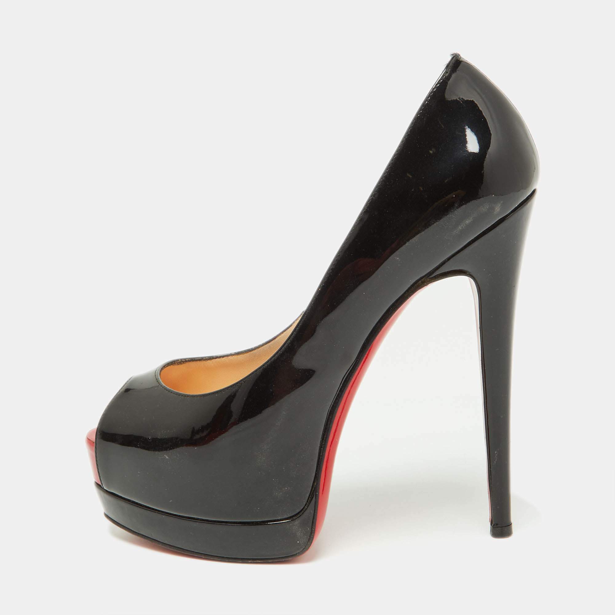 Pre Owned Christian Louboutin Black Patent Leather Very Prive Peep Toe Pumps Size 36