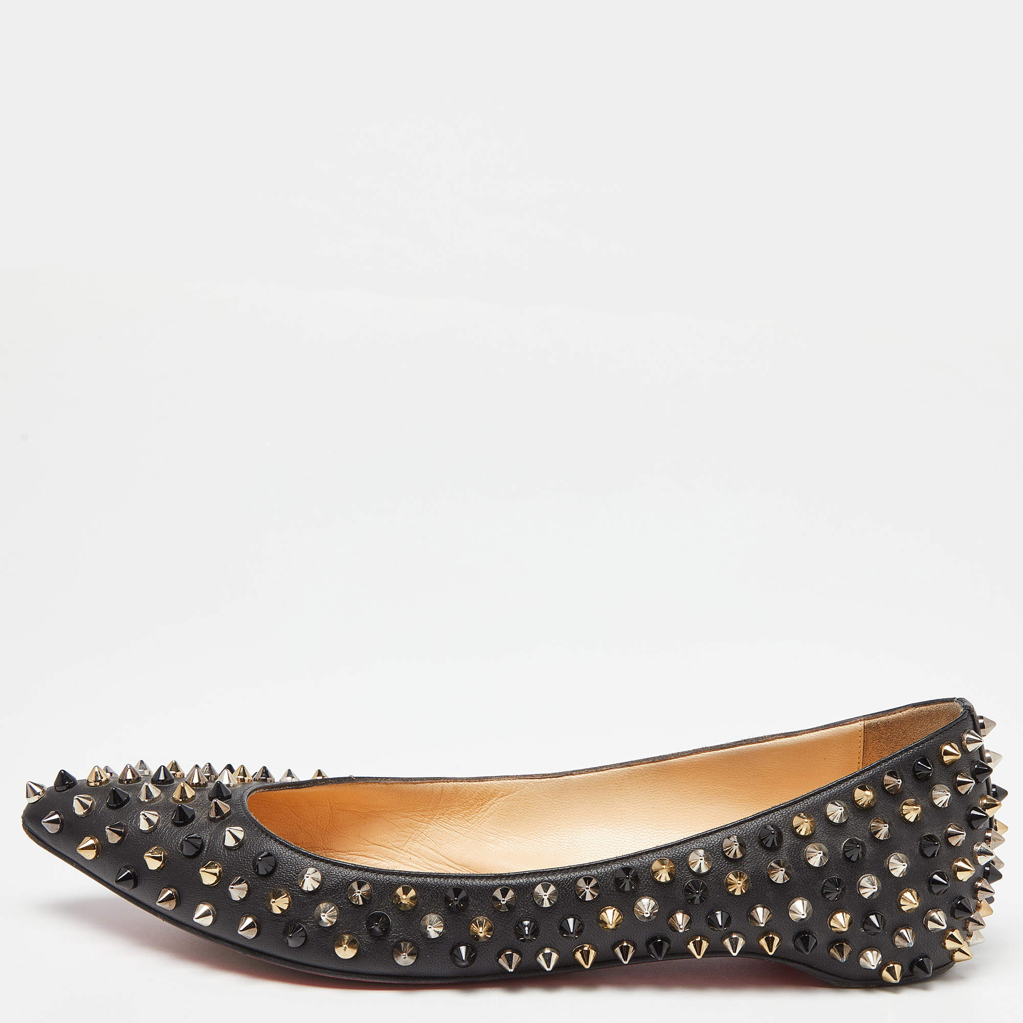 Pre Owned Christian Louboutin Black Patent Leather Pigalle Spikes Ballet Flats Size 39.5