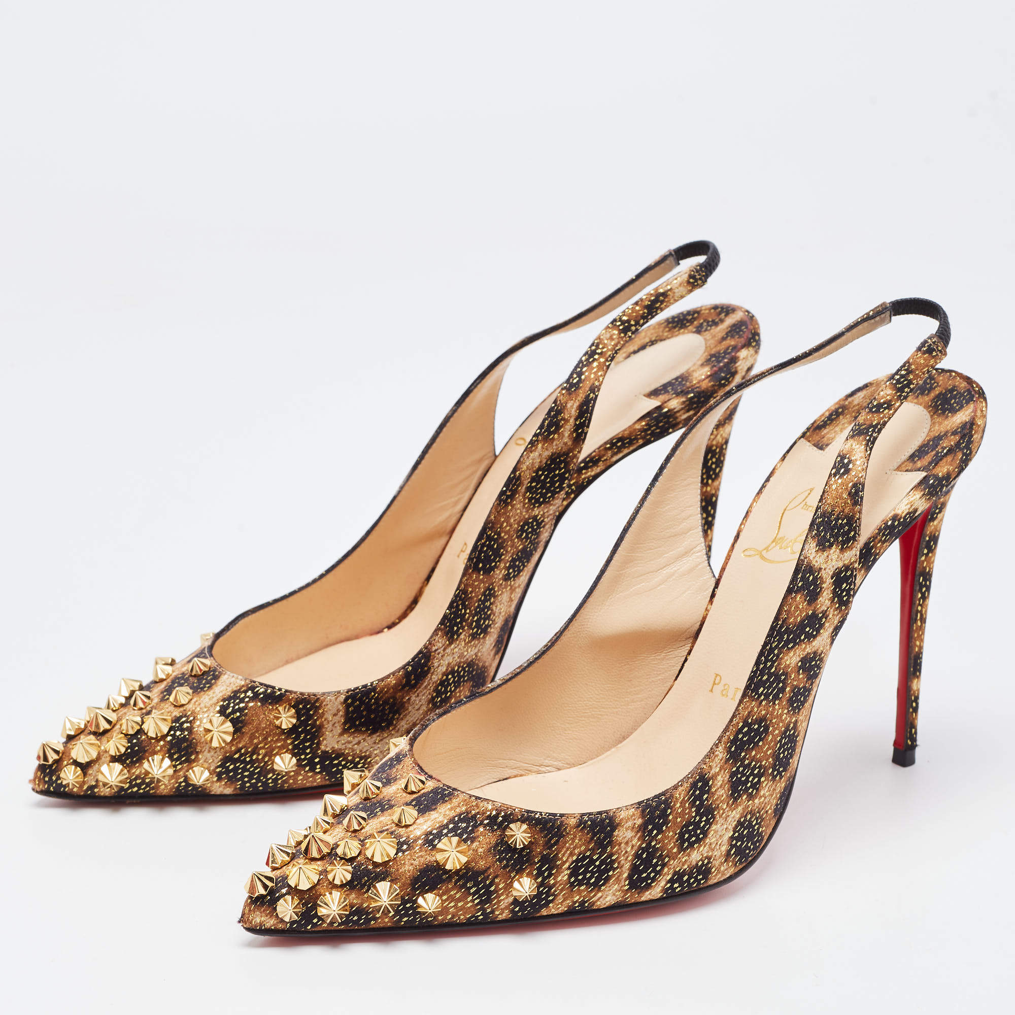 Christian Louboutin Tricolor Leopard Print Satin Spiked Drama 
