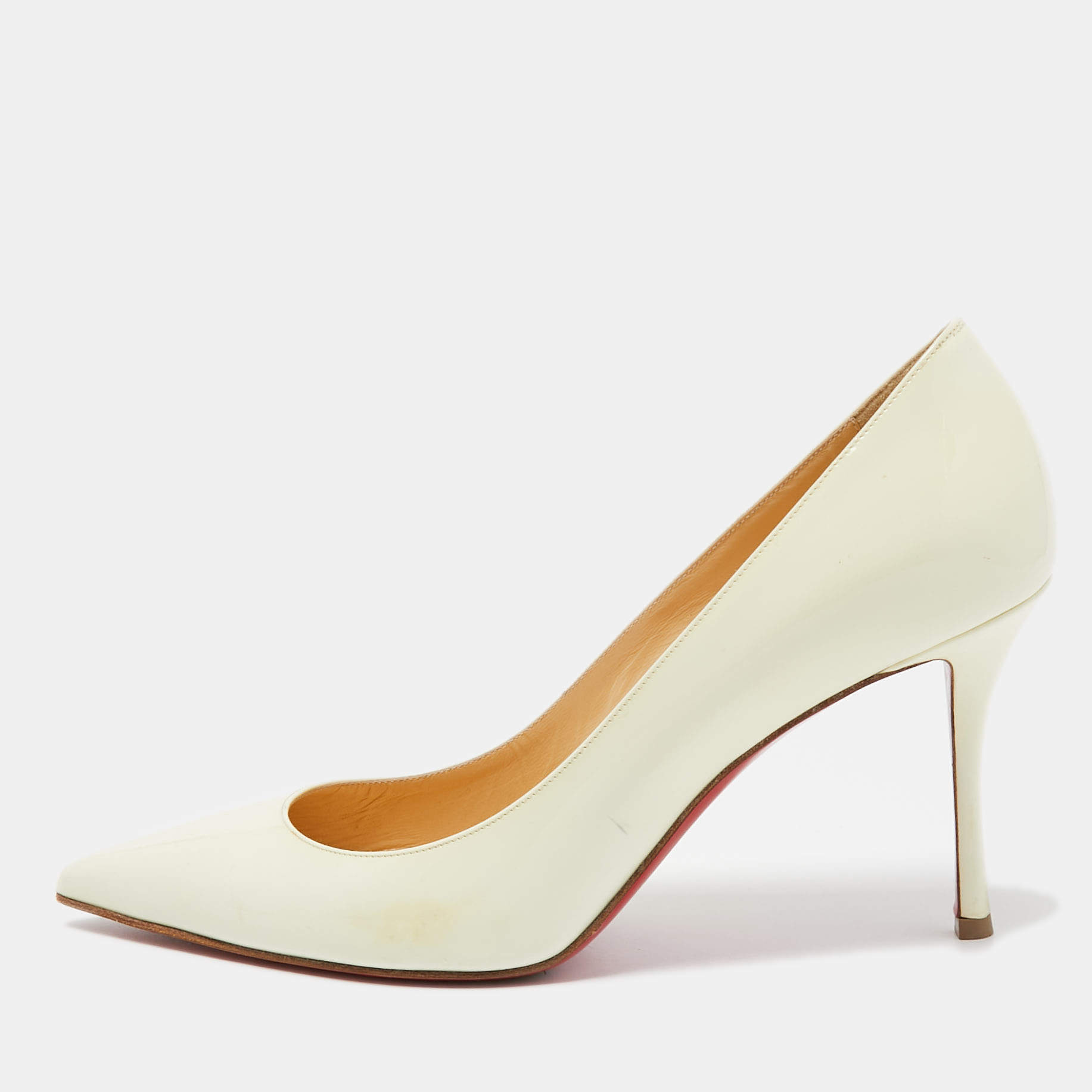 Pre Owned Christian Louboutin Cream Patent Leather Kate Pumps Size 38.5