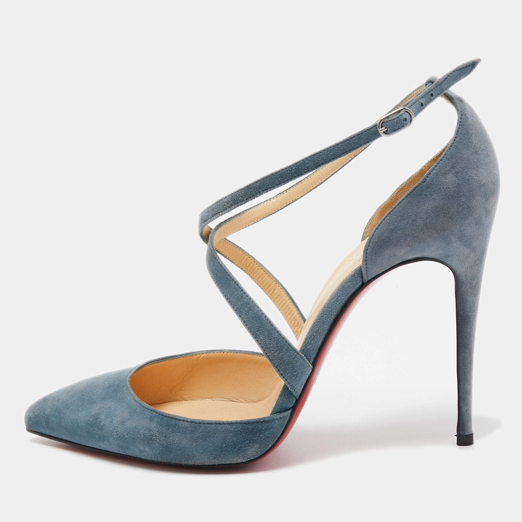 Christian Louboutin Blue Suede Ankle Strap Pumps Size 38