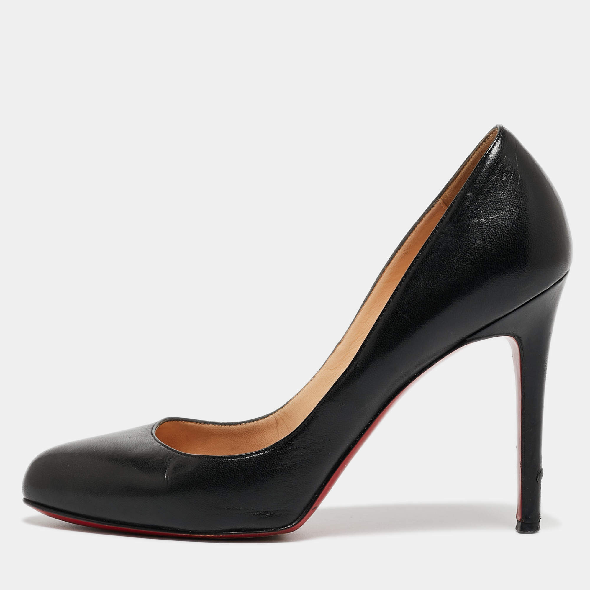 Pre Owned Christian Louboutin Black Leather Round Toe Pumps Size 38.5