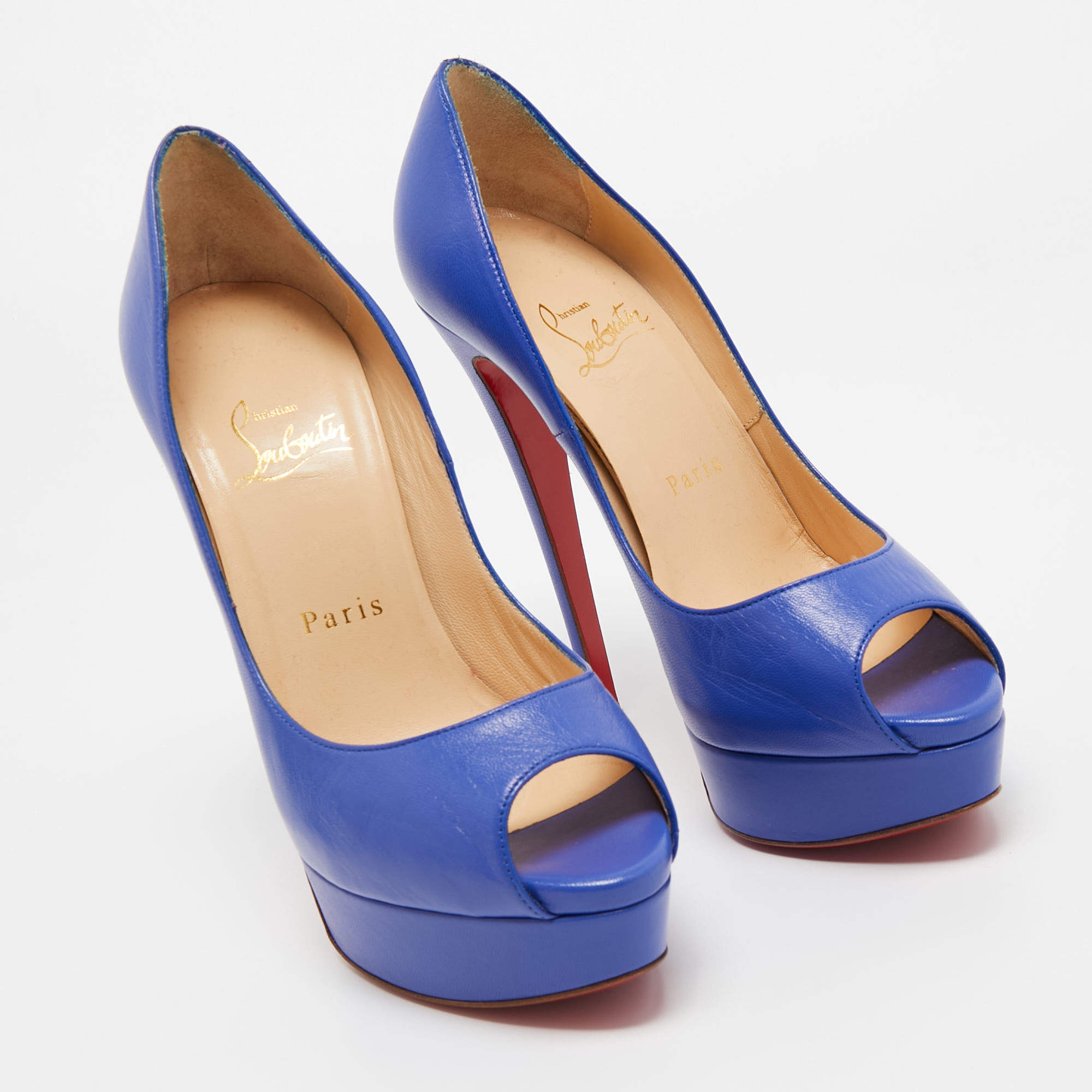 Christian Louboutin Blue Leather Lady Peep Toe Platform Pumps Size 37