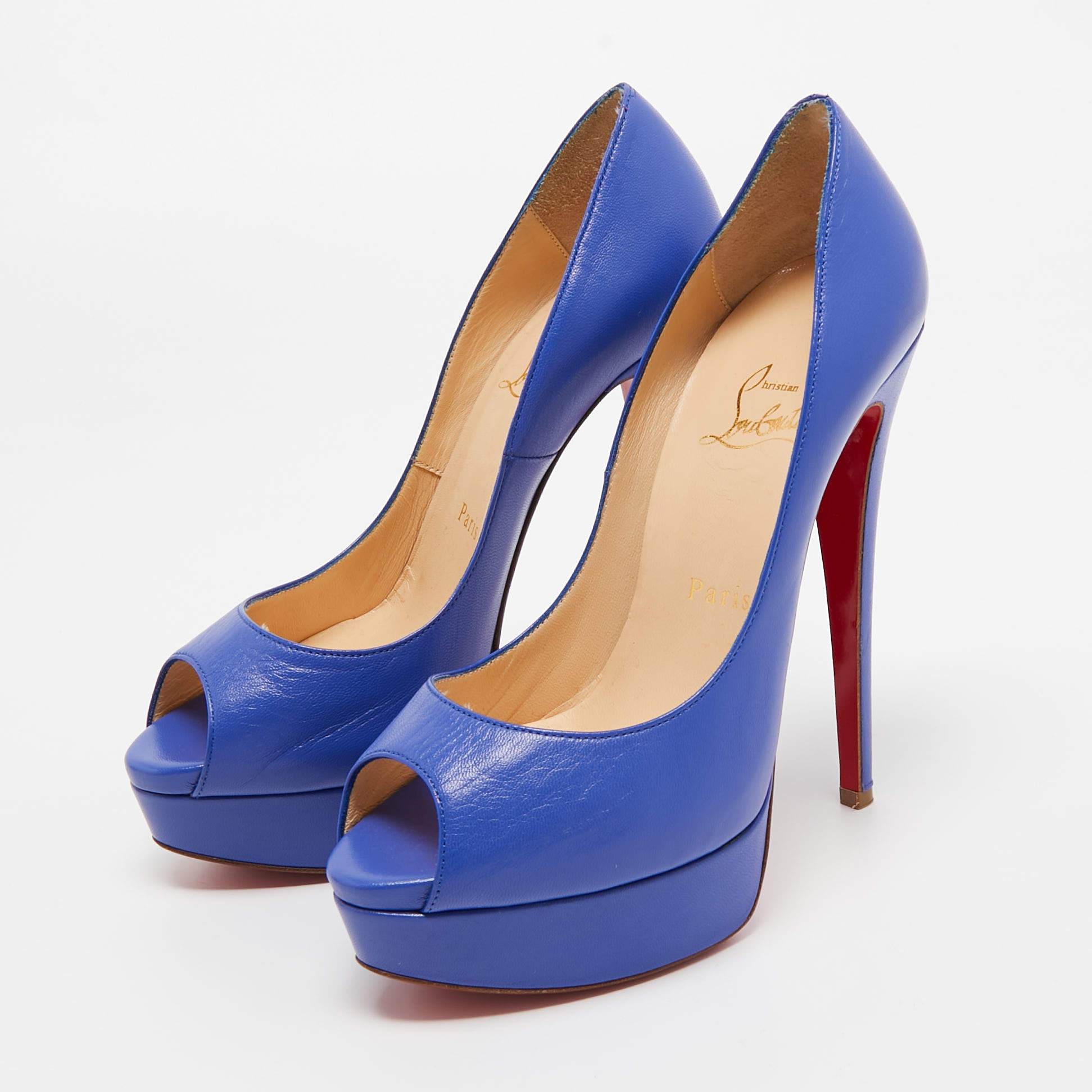 Christian Louboutin Blue Leather Lady Peep Toe Platform Pumps Size 37